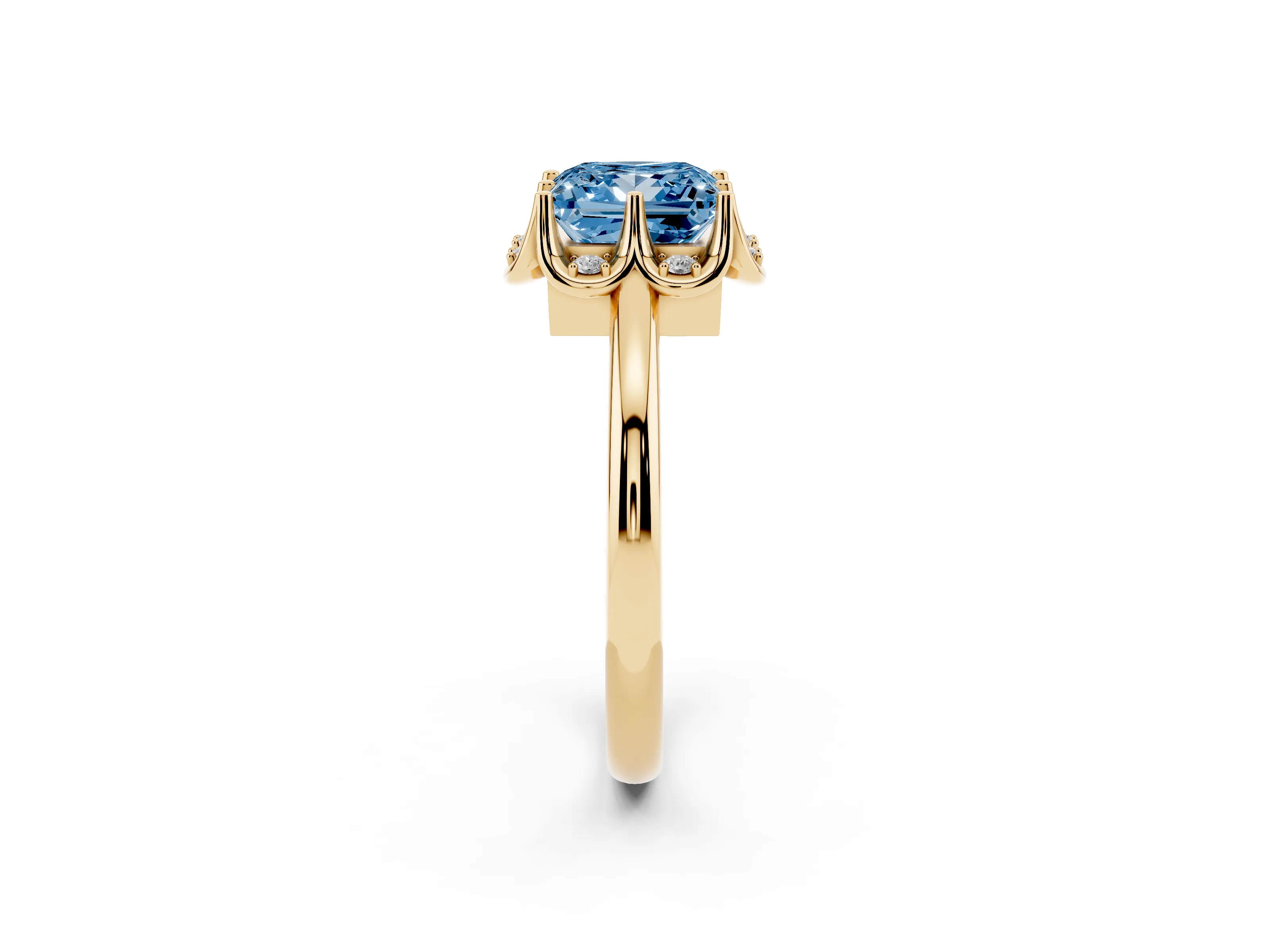 Fancy Blue Princess Cut Diamond Round Cluster Halo Ring Set in Yellow gold with Solitaire Band and Prong Setting