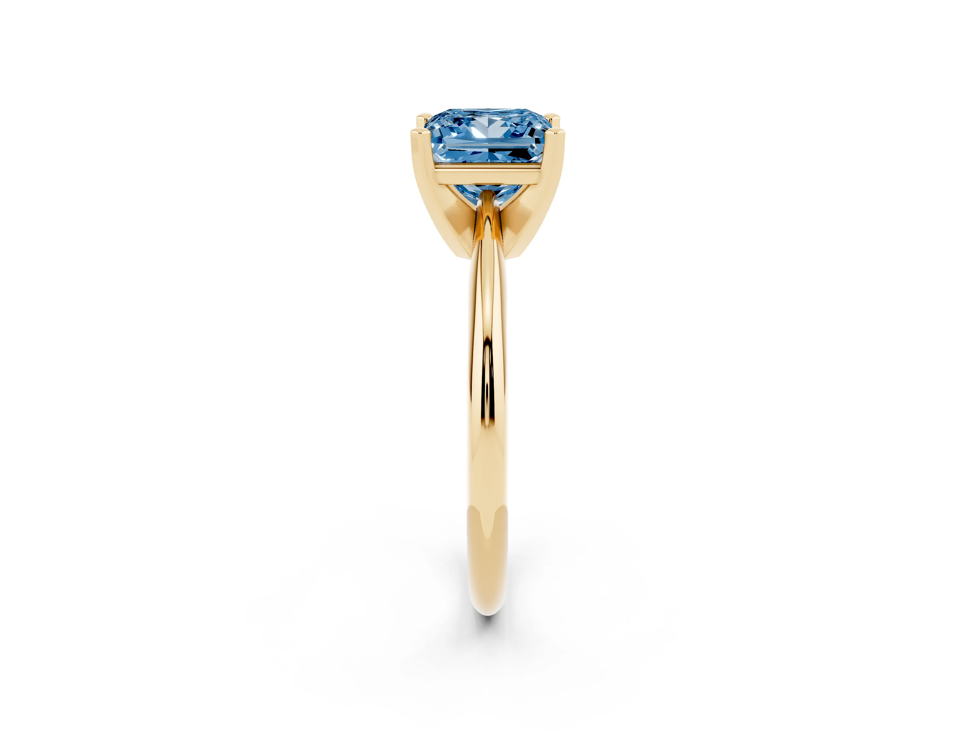 Fancy Blue Princess Cut Diamond Solitaire Ring Set in Yellow gold with Prong Setting on a Plain Round Band