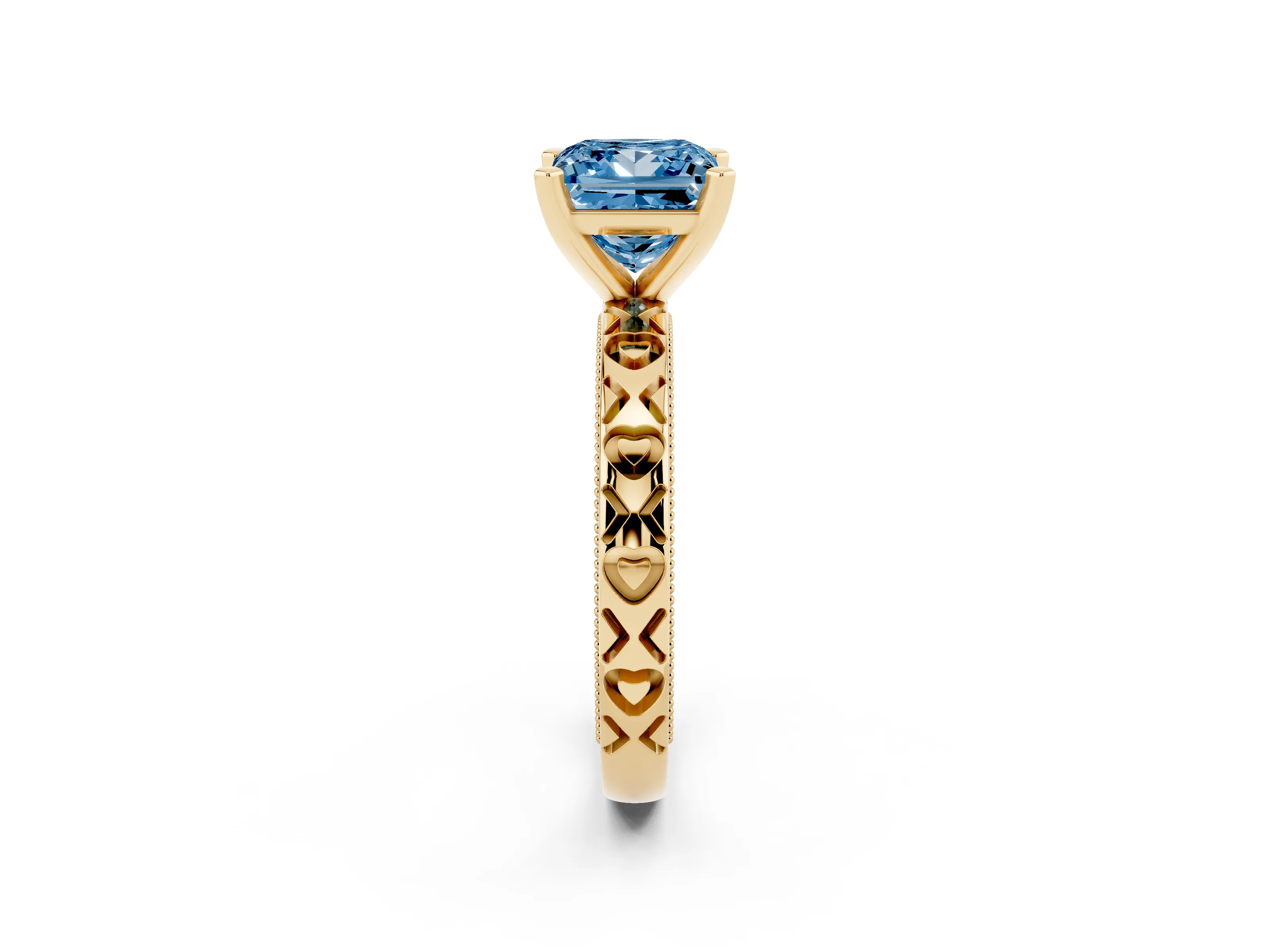 Fancy Blue Princess Cut Diamond Solitaire Engagement Ring Set in Yellow gold with XO Engraved Band and Prong Setting