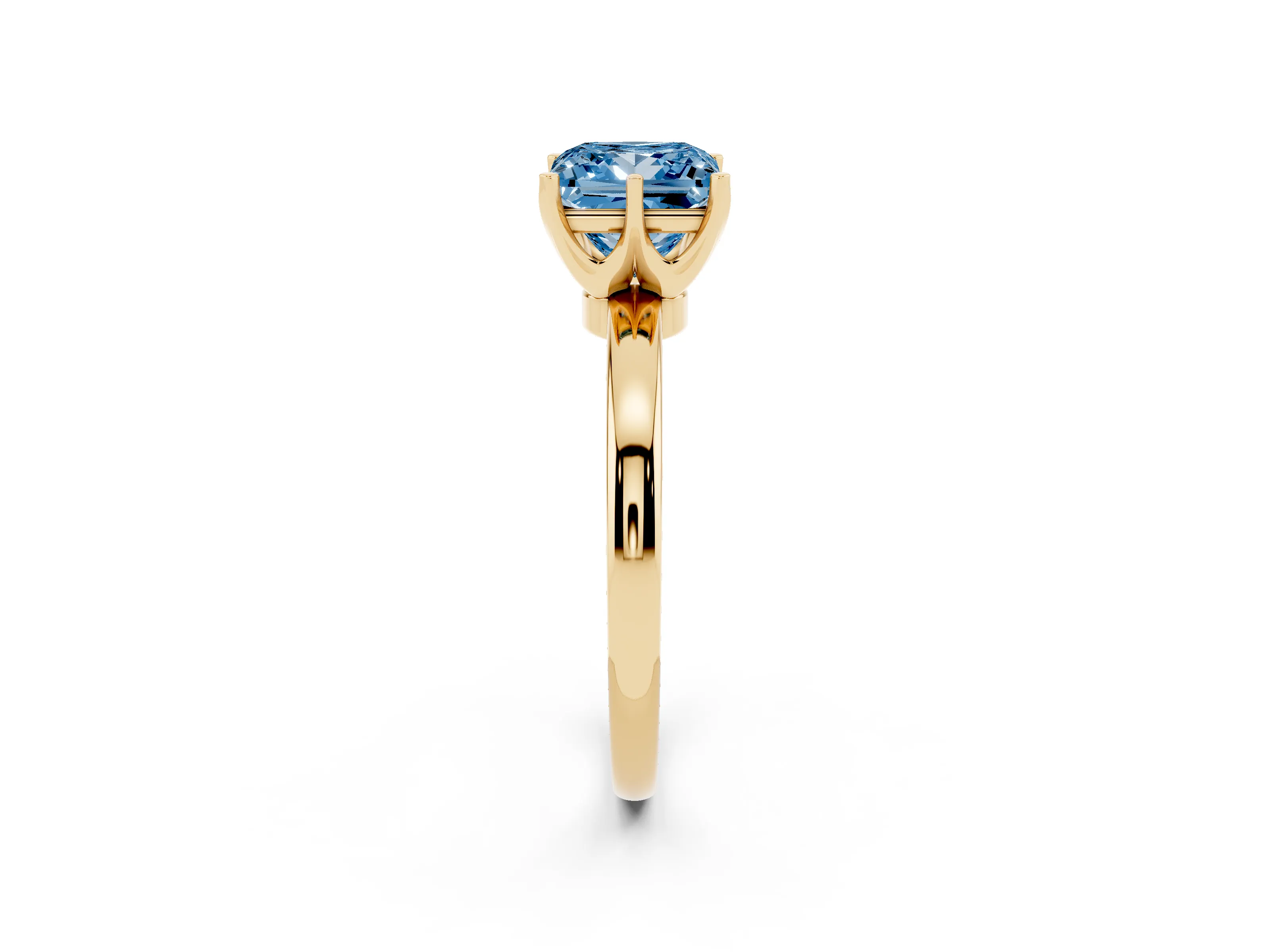 Fancy Blue Princess Cut Diamond Solitaire Ring Set in Yellow gold with Raised Prong Setting on a Classic Band
