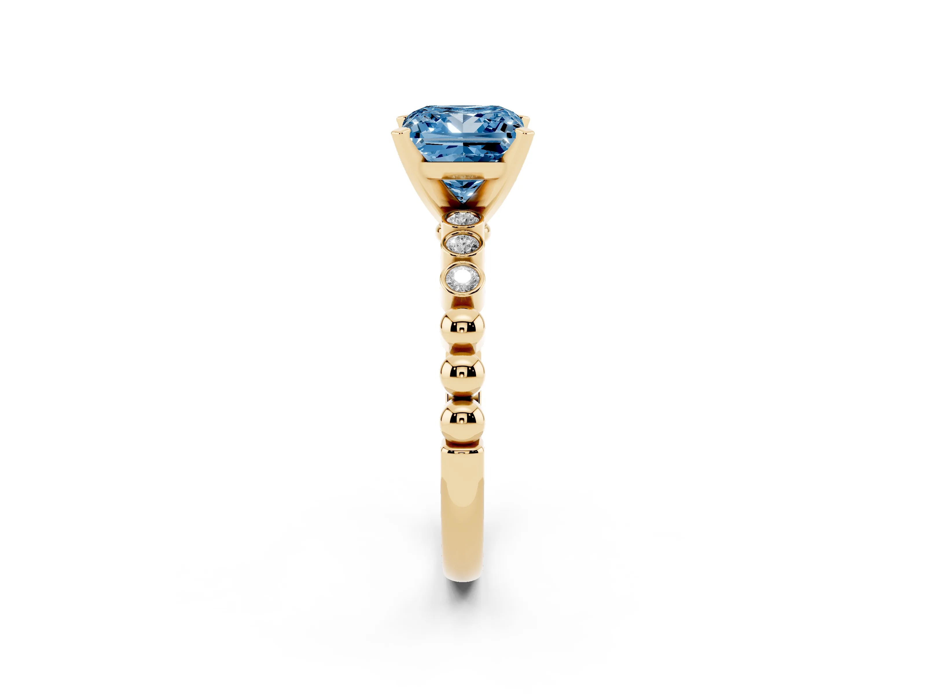 Fancy Blue Princess Cut Diamond Solitaire Engagement Ring Set in Yellow gold with Bezel Accents on Beaded Band