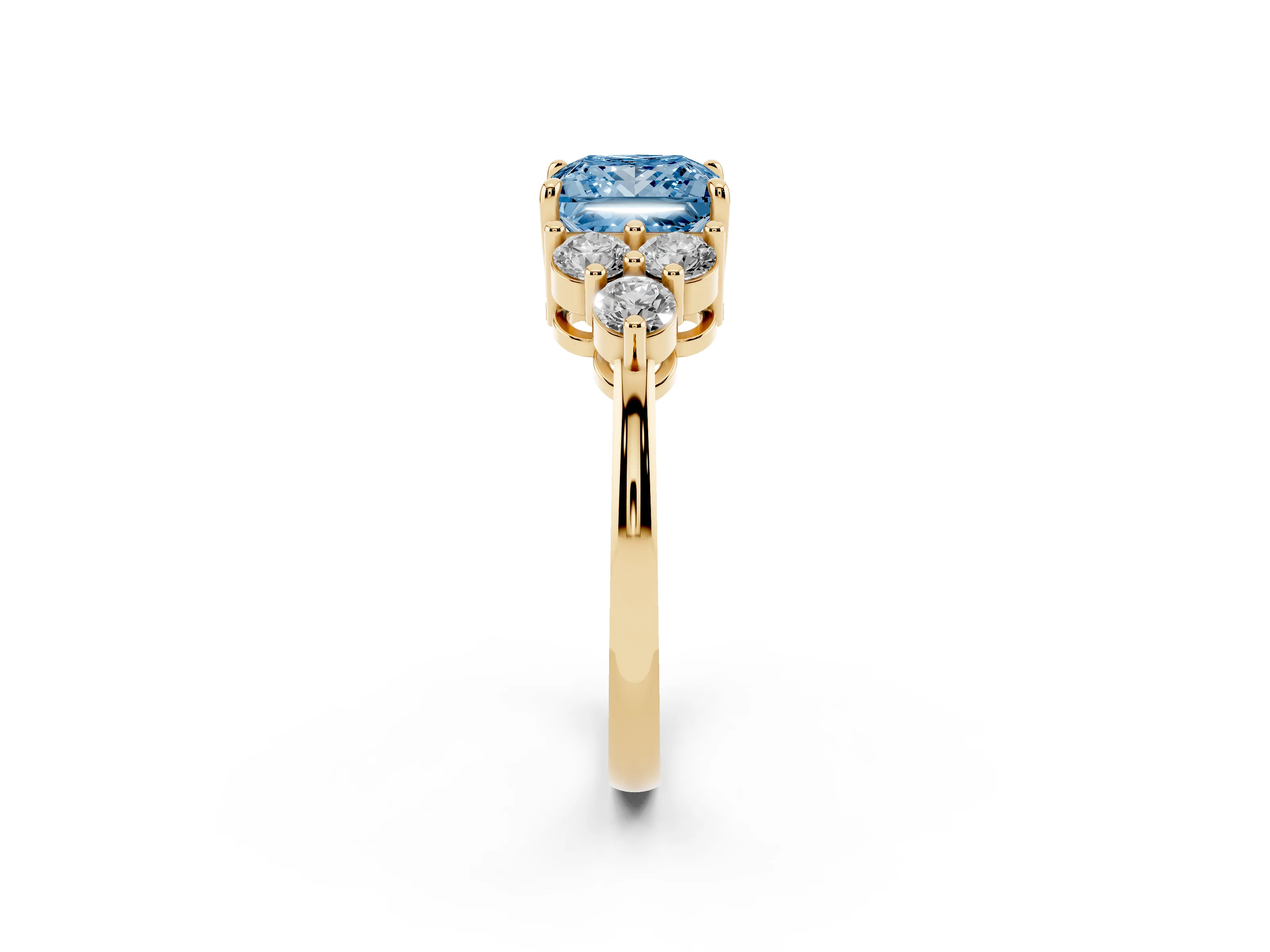 Fancy Blue Princess Cut Diamond Solitaire Ring Set in Yellow gold with Cluster Accents on Each Side