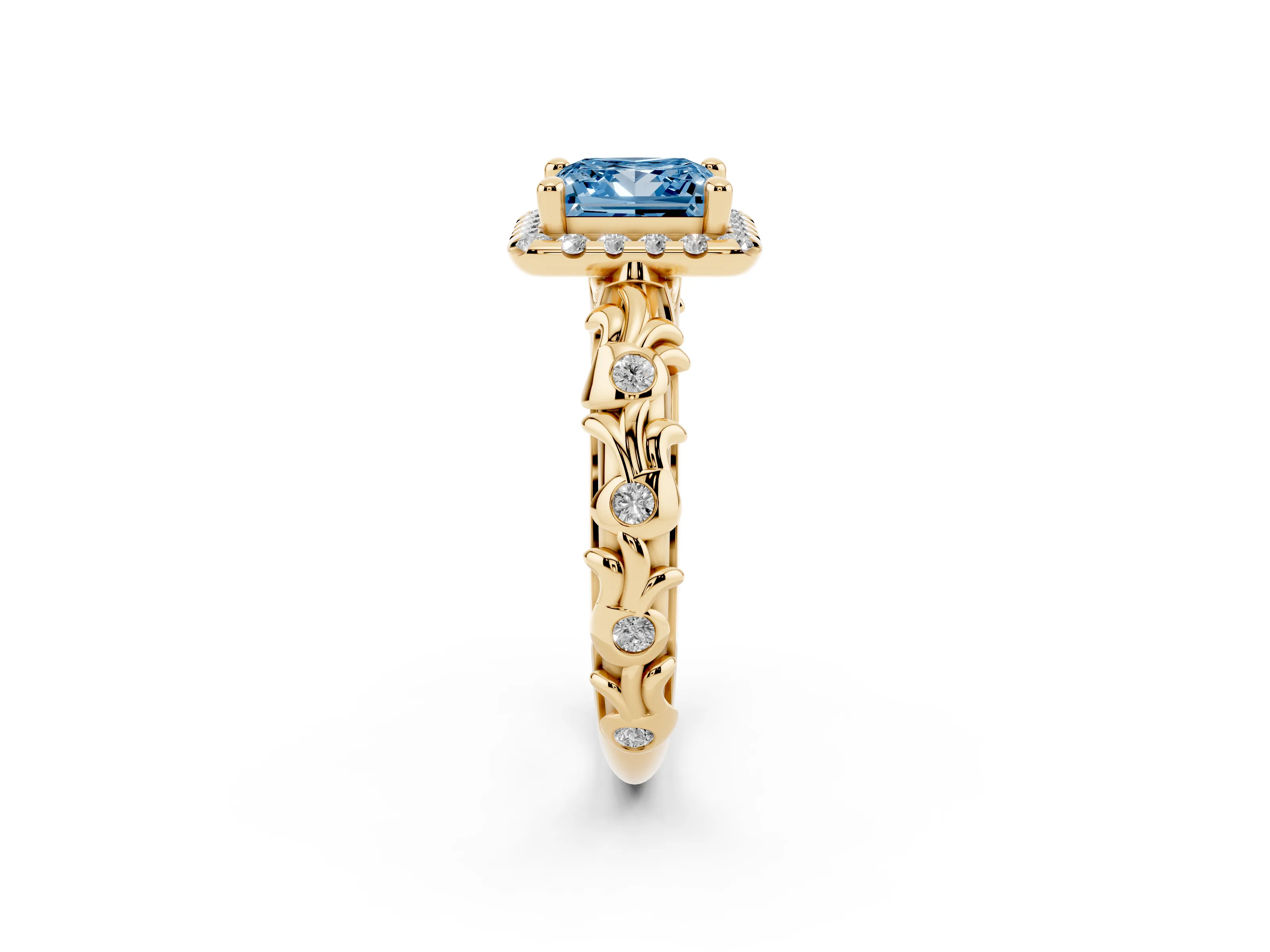 Fancy Blue Princess Cut Diamond Halo Ring Set in Yellow gold with Filigree Leaf Band and Prong Setting