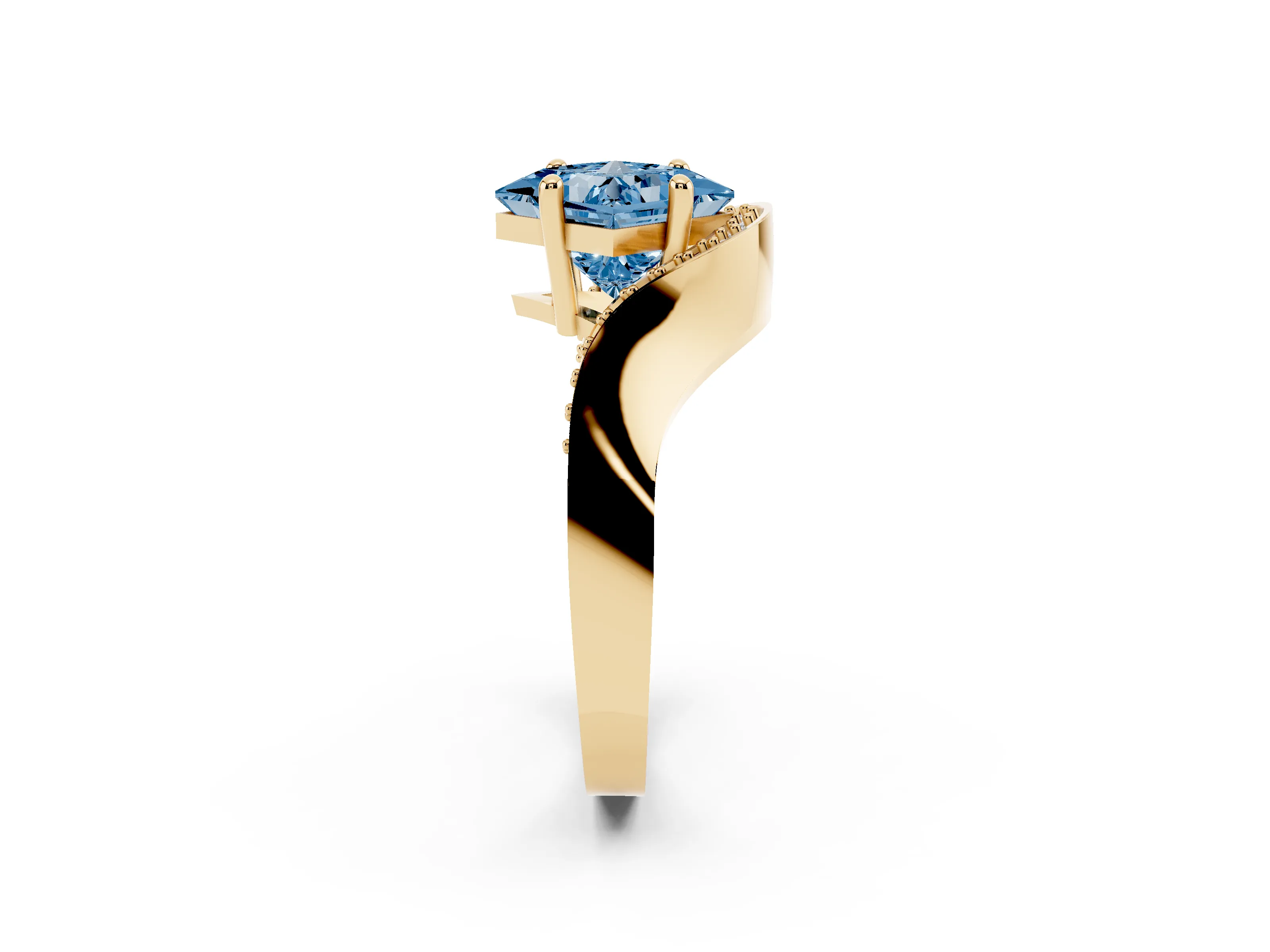Fancy Blue Princess Cut Diamond Solitaire Engagement Ring Set in Yellow gold with Pavé Shoulders