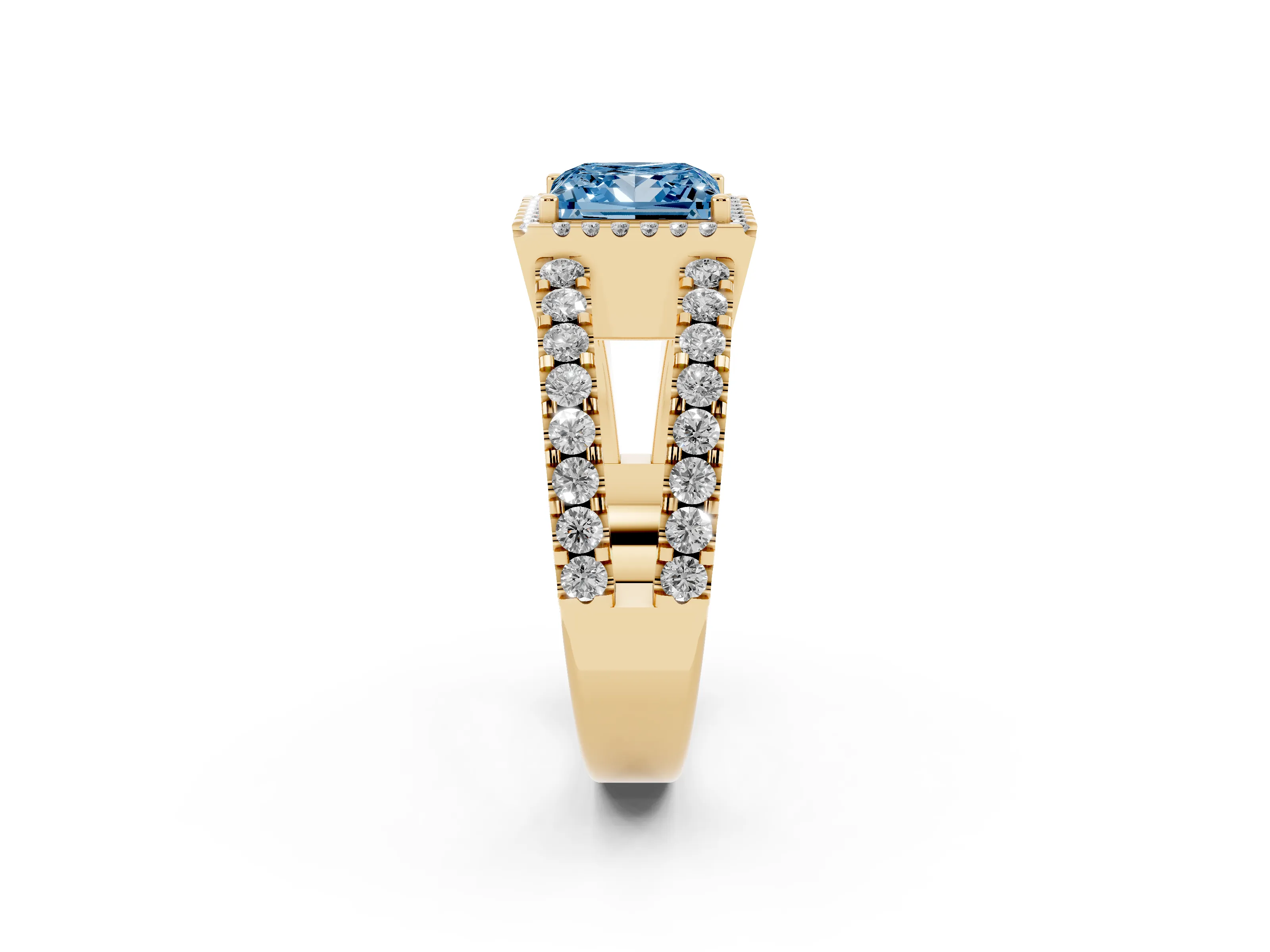 Fancy Blue Princess Cut Diamond Halo Ring Set in Yellow gold with Pavé Split Shank and Prong Setting