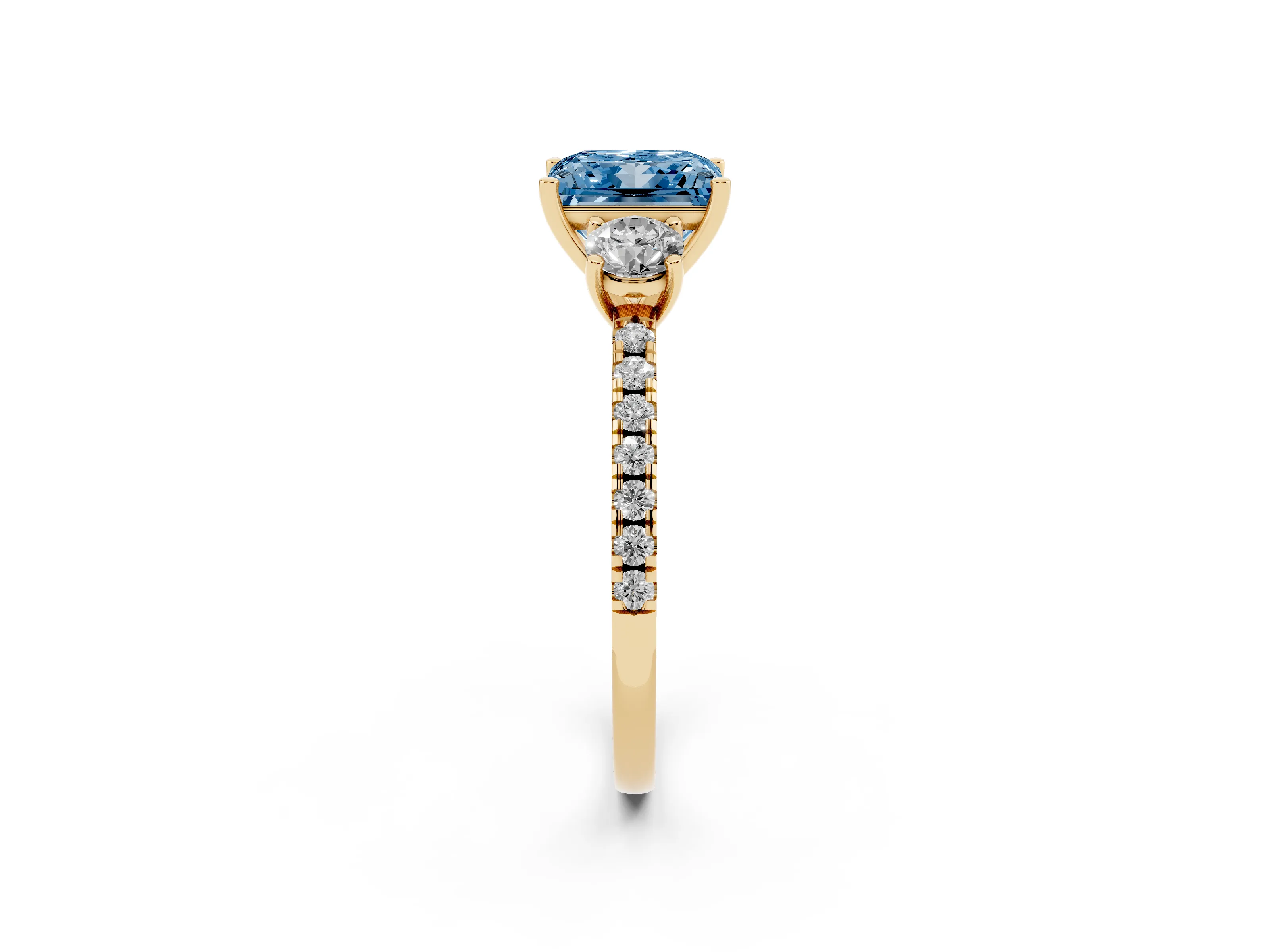 Fancy Blue Princess Cut Diamond Three-Stone Ring Set in Yellow gold with Pavé Band and Graduated Sides