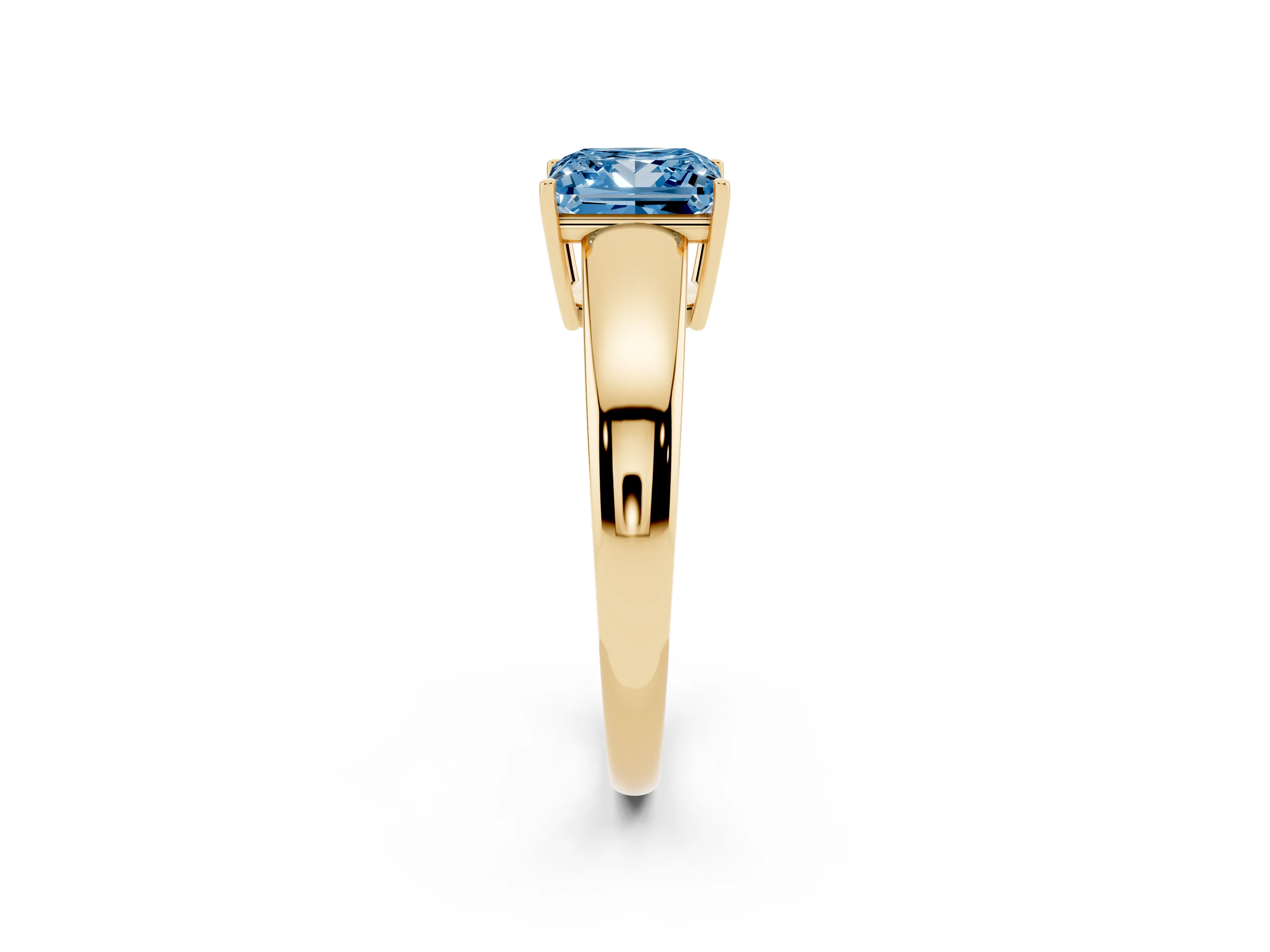 Fancy Blue Princess Cut Diamond Solitaire Ring Set in Yellow gold with Tapered Band and Prong Setting