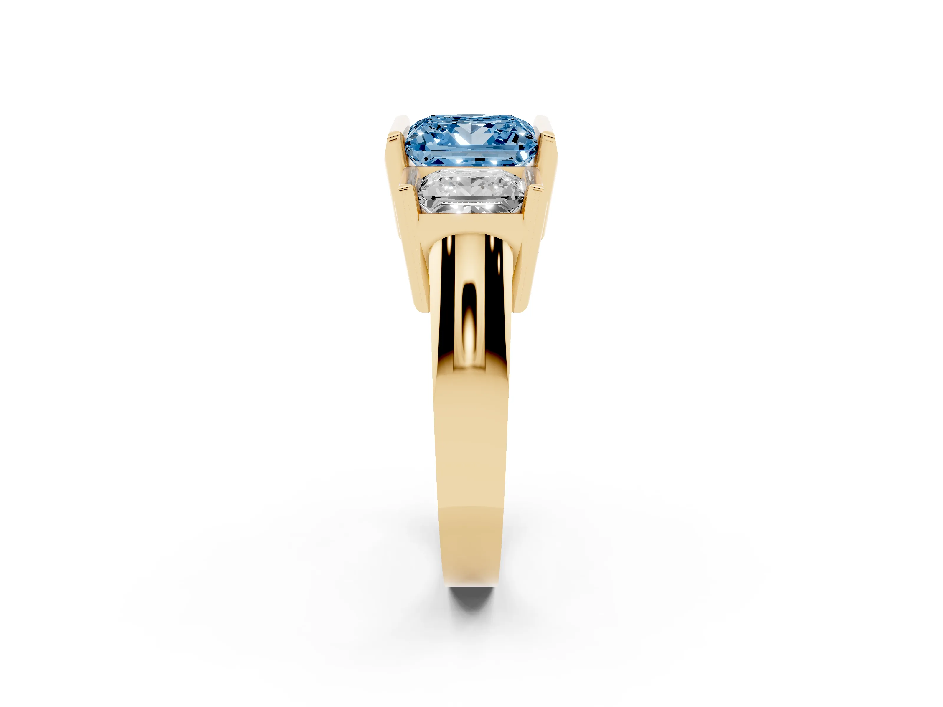 Fancy Blue Princess Cut Diamond Three-Stone Channel Set Ring Set in Yellow gold with Smooth Polished Band