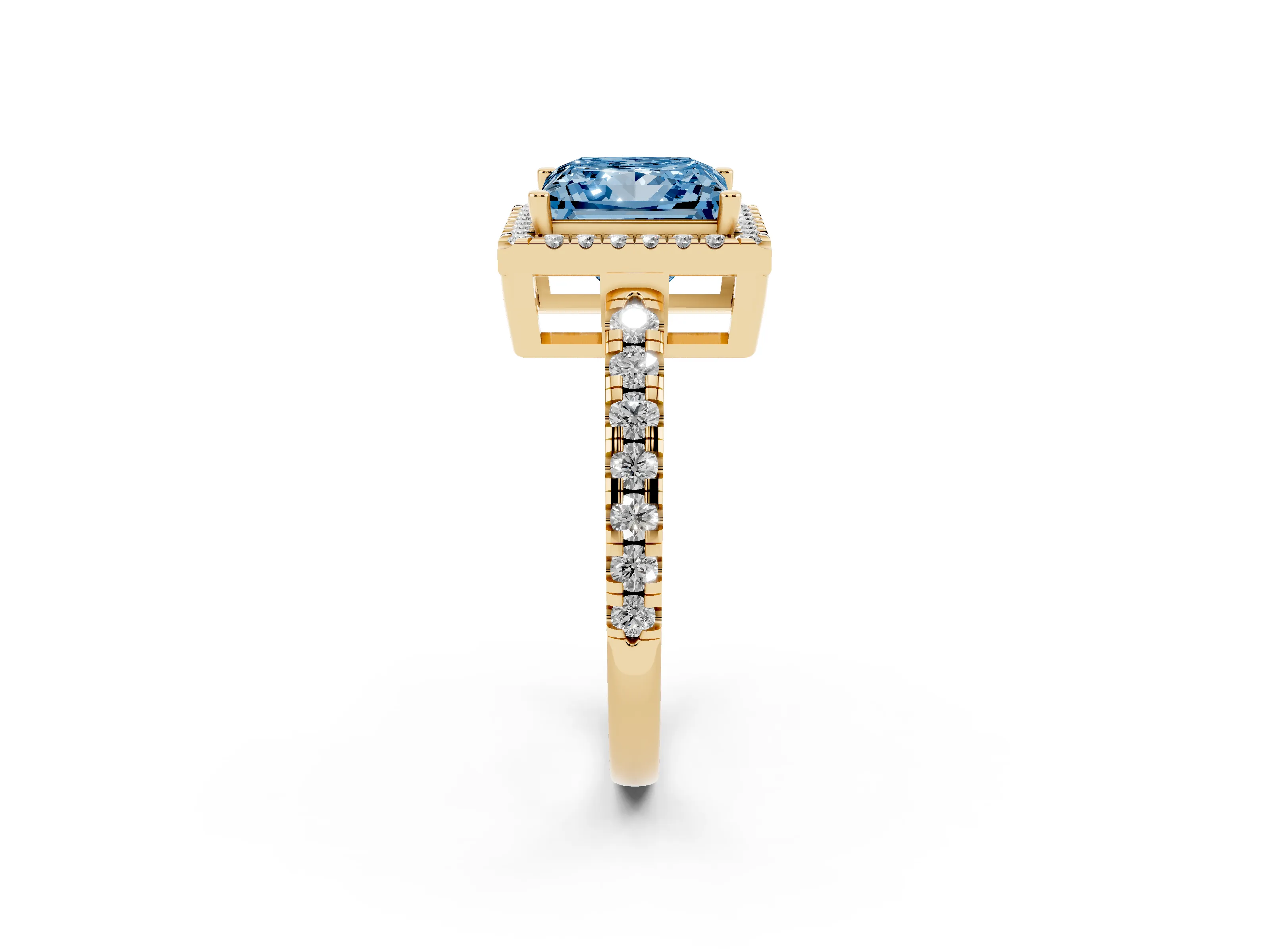 Fancy Blue Princess Cut Diamond Halo Ring Set in Yellow gold with Delicate Pavé Band and Prong Setting