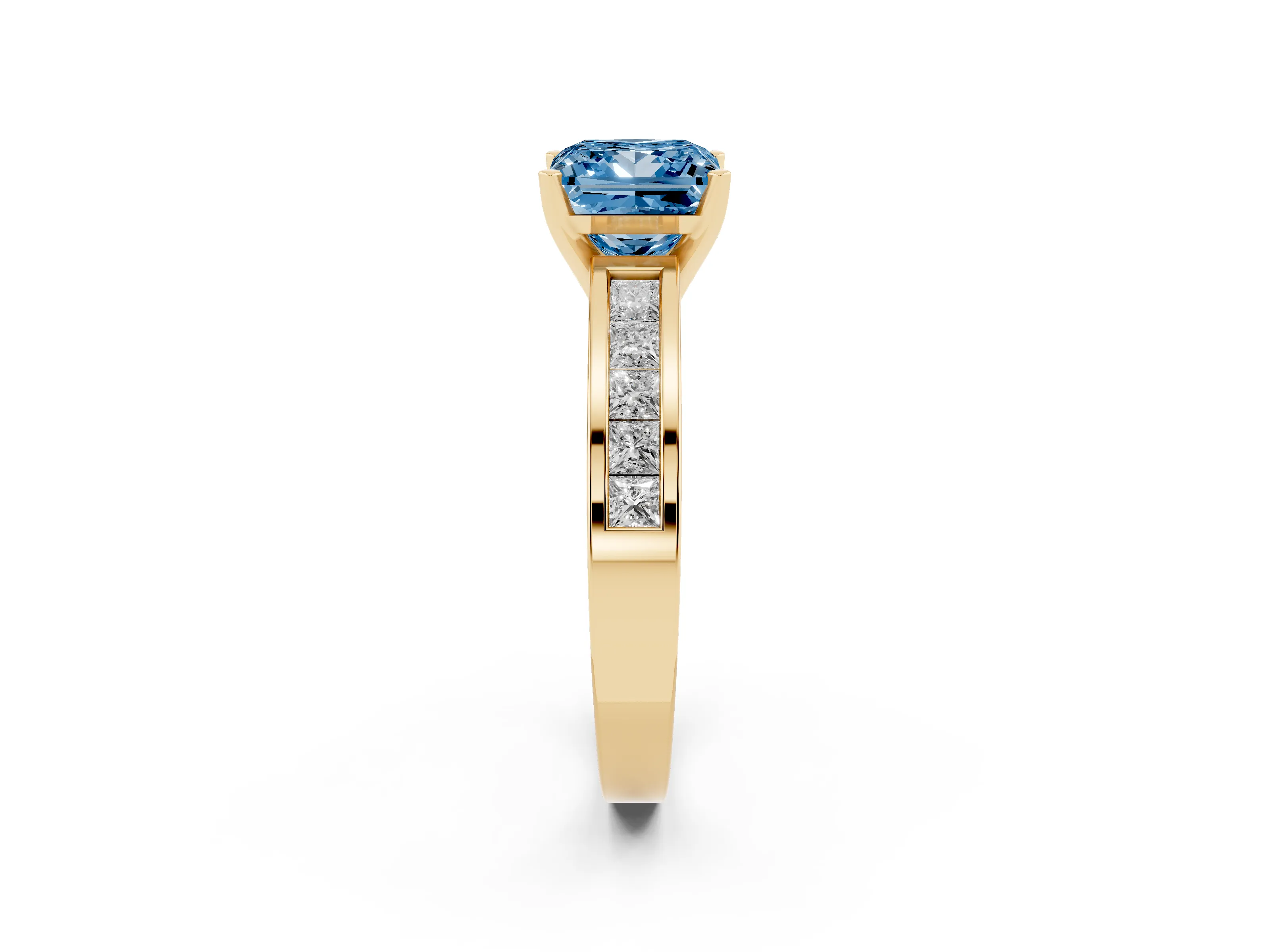 Fancy Blue Princess Cut Diamond Solitaire Ring Set in Yellow gold with Channel-Set Band and Prong Setting