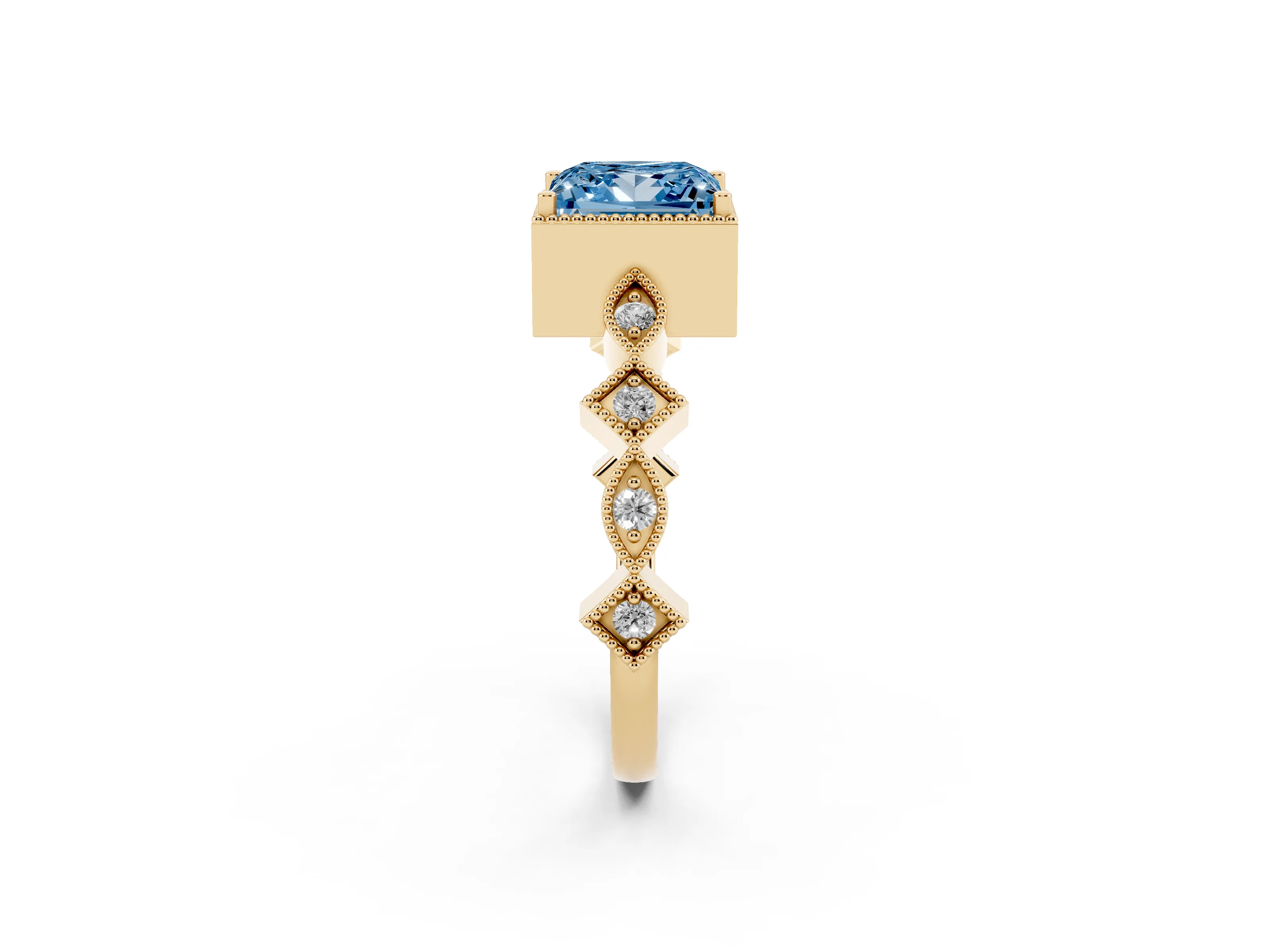 Fancy Blue Princess Cut Diamond Milgrain Marquise Twist Band Ring Set in Yellow gold with Prong Setting