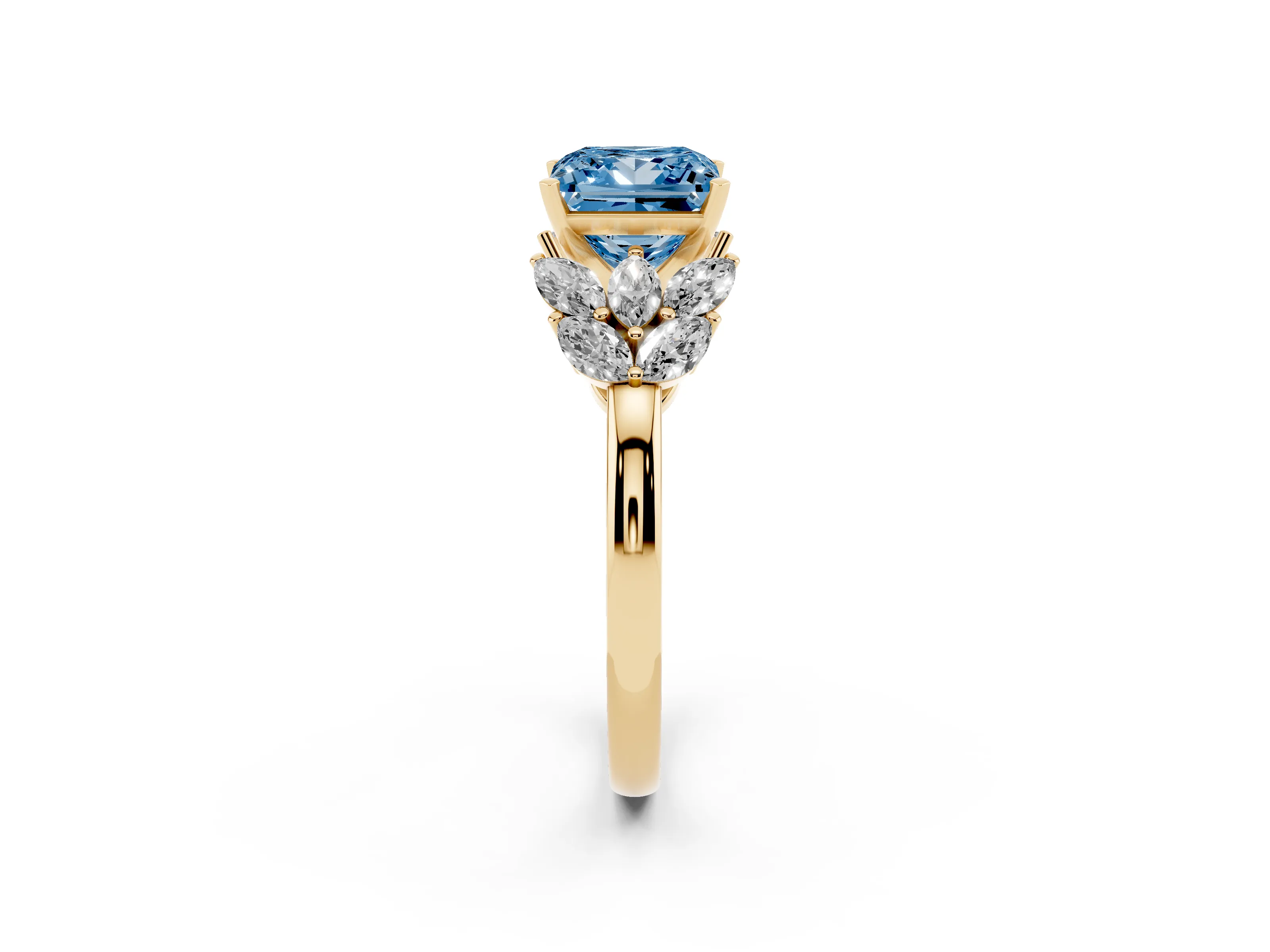 Fancy Blue Princess Cut Diamond Cluster Leaf Design Ring Set in Yellow gold with Prong Setting