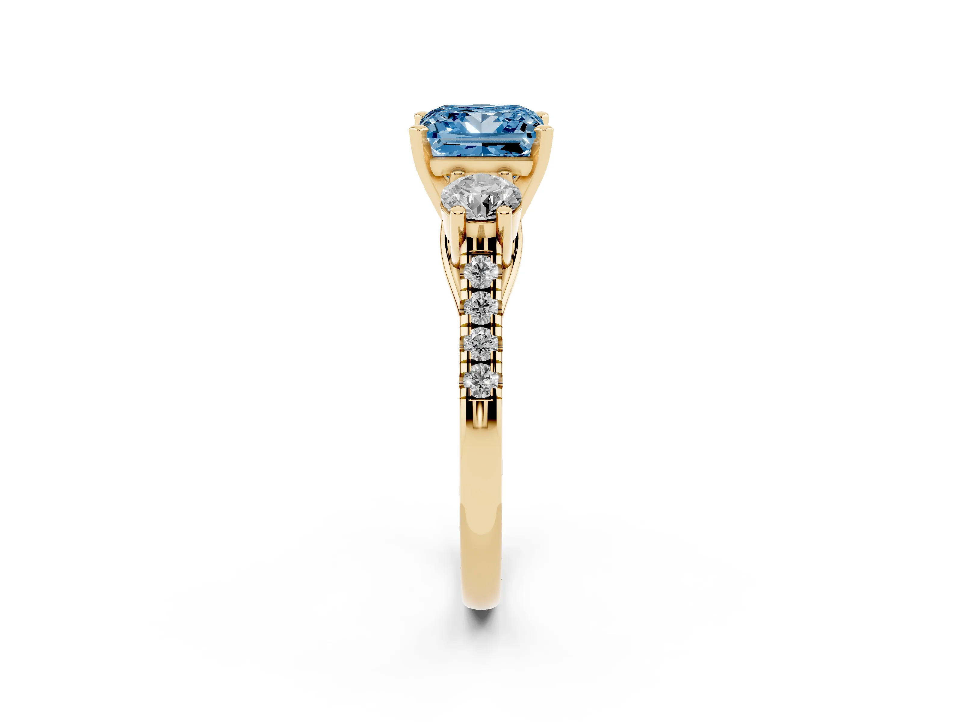 Fancy Blue Three-Stone Princess Cut Diamond Pavé Band Ring Set in Yellow gold with Prong-Set Trio