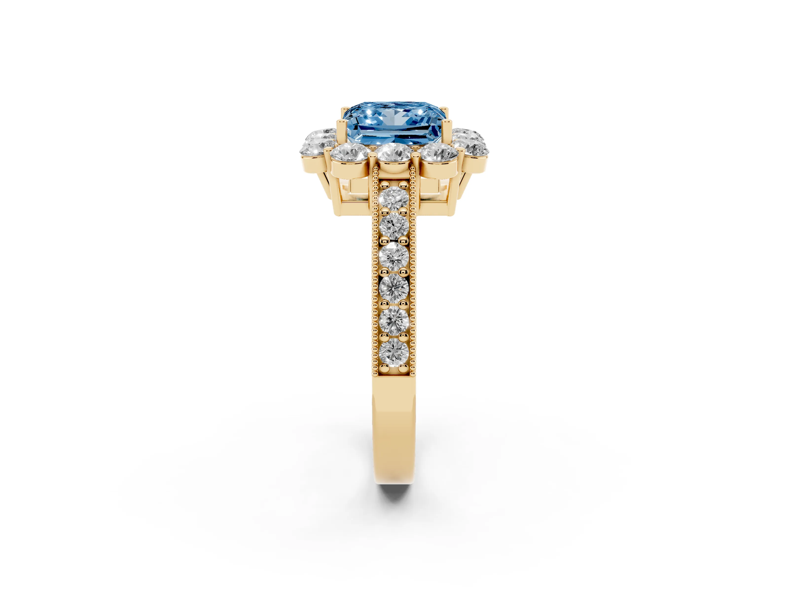 Fancy Blue Princess Cut Diamond Halo Pavé Engagement Ring Set in Yellow gold with Milgrain Detailing