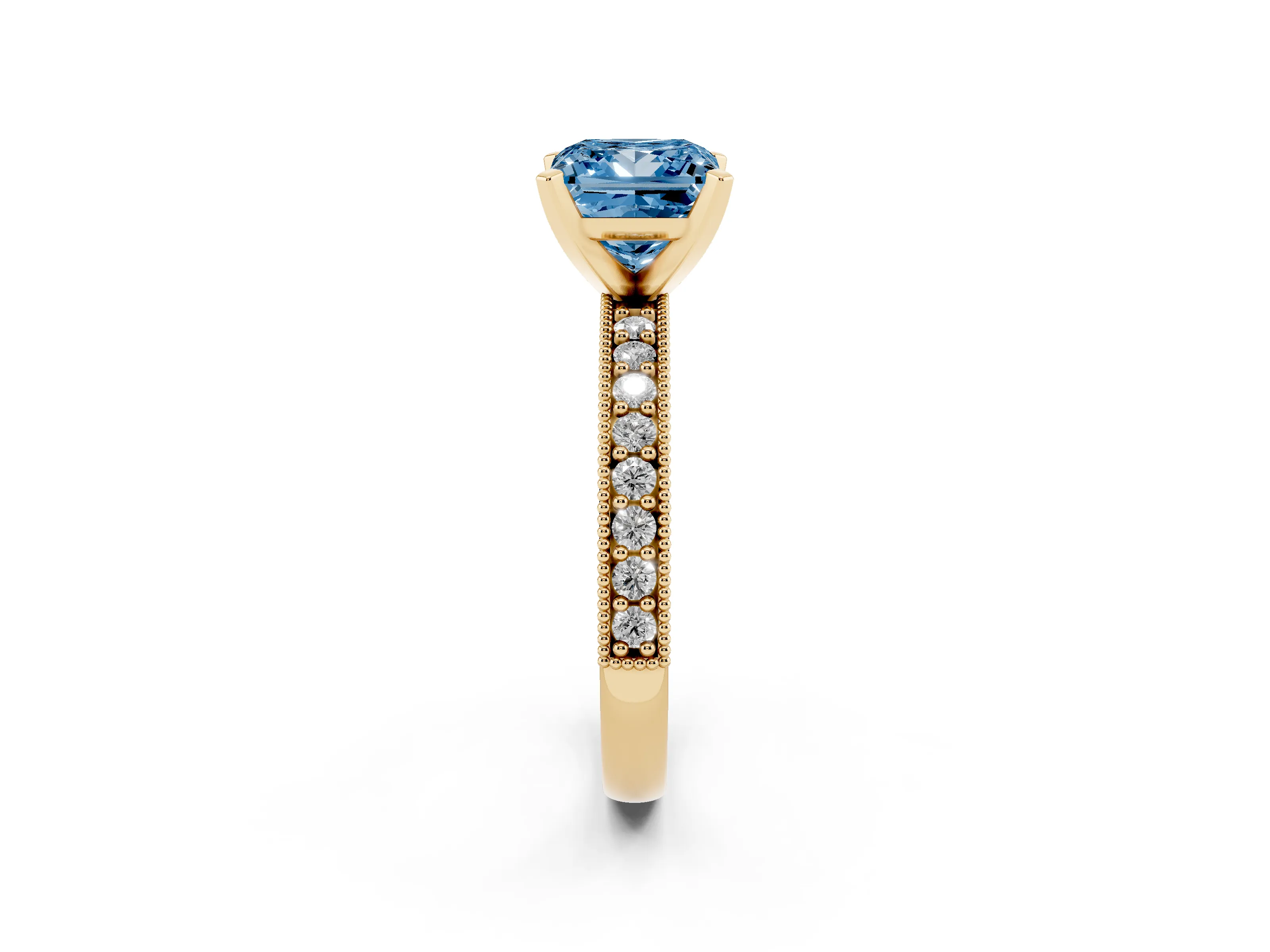 Fancy Blue Princess Cut Diamond Milgrain Pavé Engagement Ring Set in Yellow gold with Prong Setting