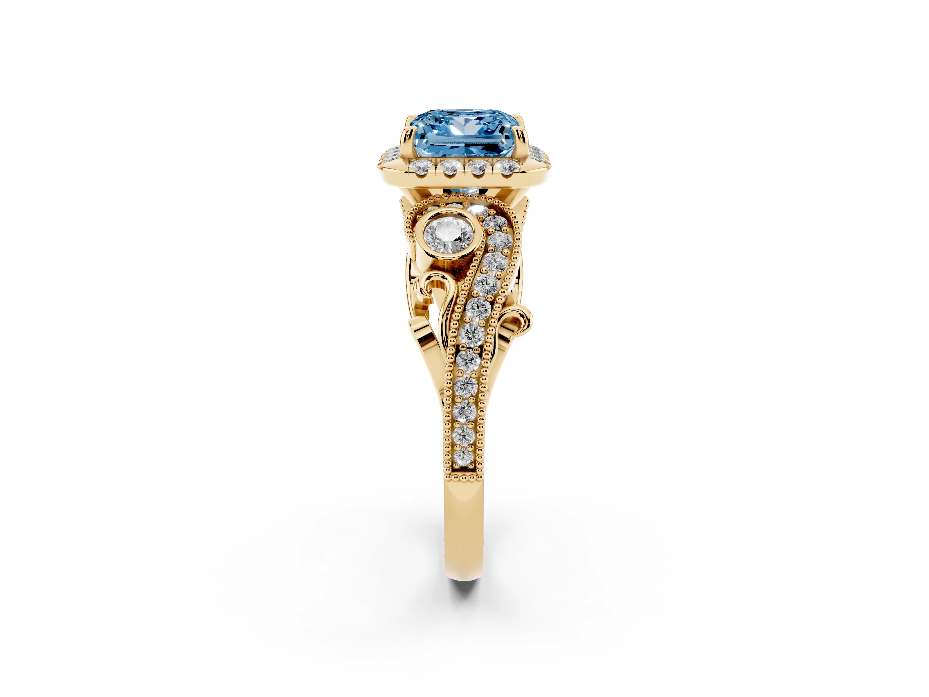 Fancy Blue Princess Cut Diamond Halo Split Shank Ring Set in Yellow gold with Milgrain and Bezel Accents