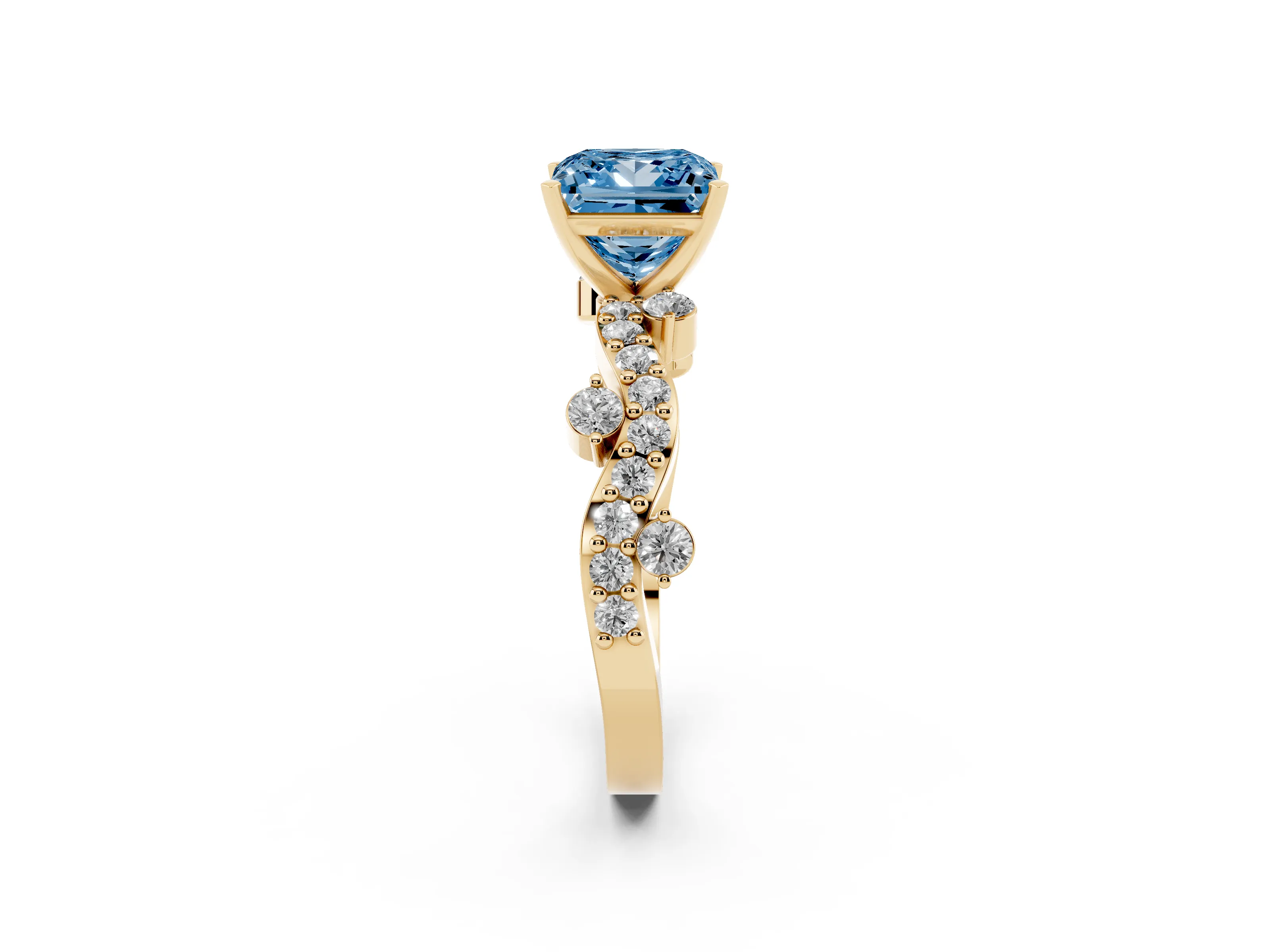 Fancy Blue Princess Cut Diamond Solitaire Twisted Band Set in Yellow gold with Pavé Setting