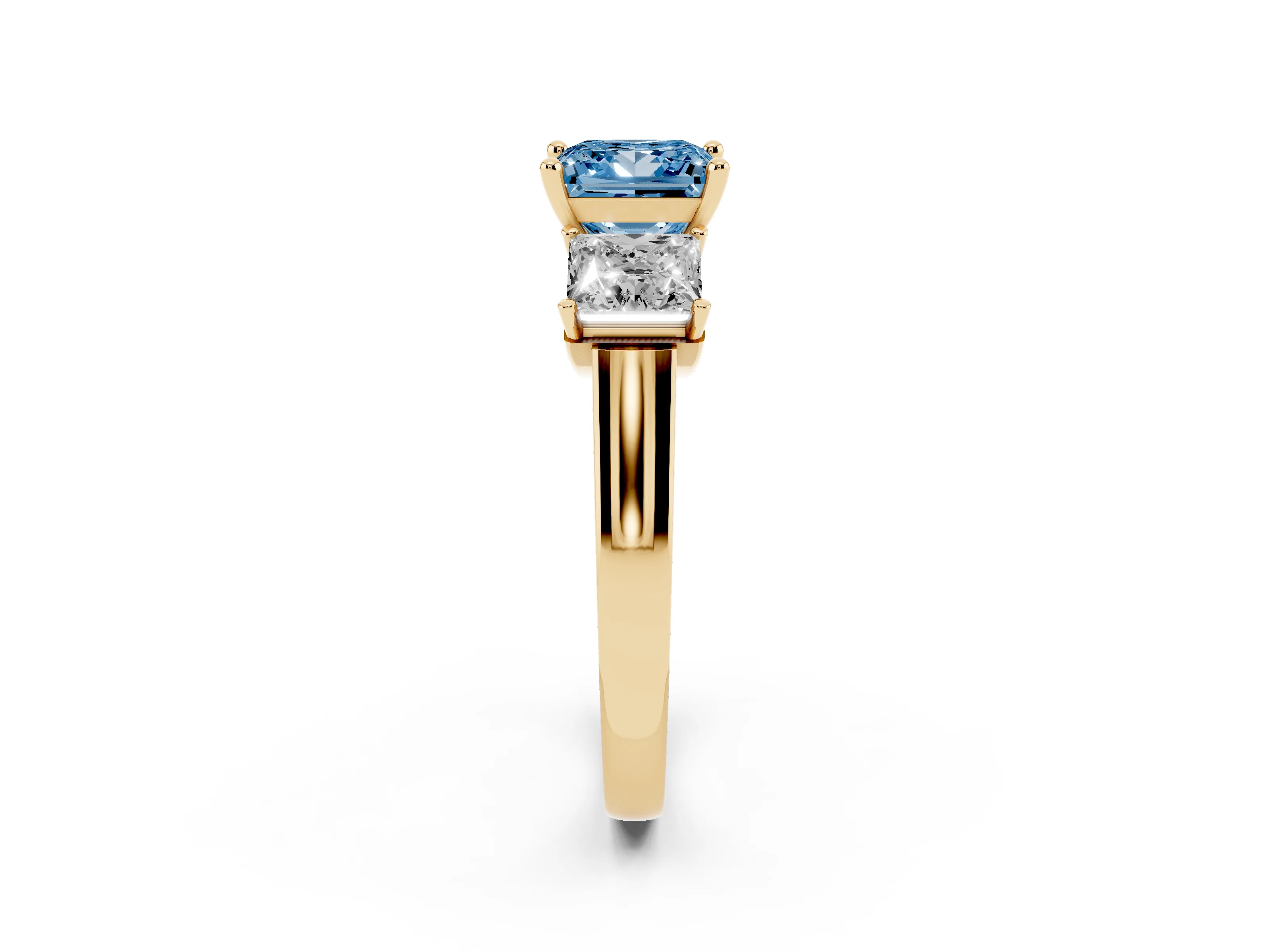 Fancy Blue Princess Cut Diamond Three-Stone Trellis Ring Set in Yellow gold with Comfort Fit Band