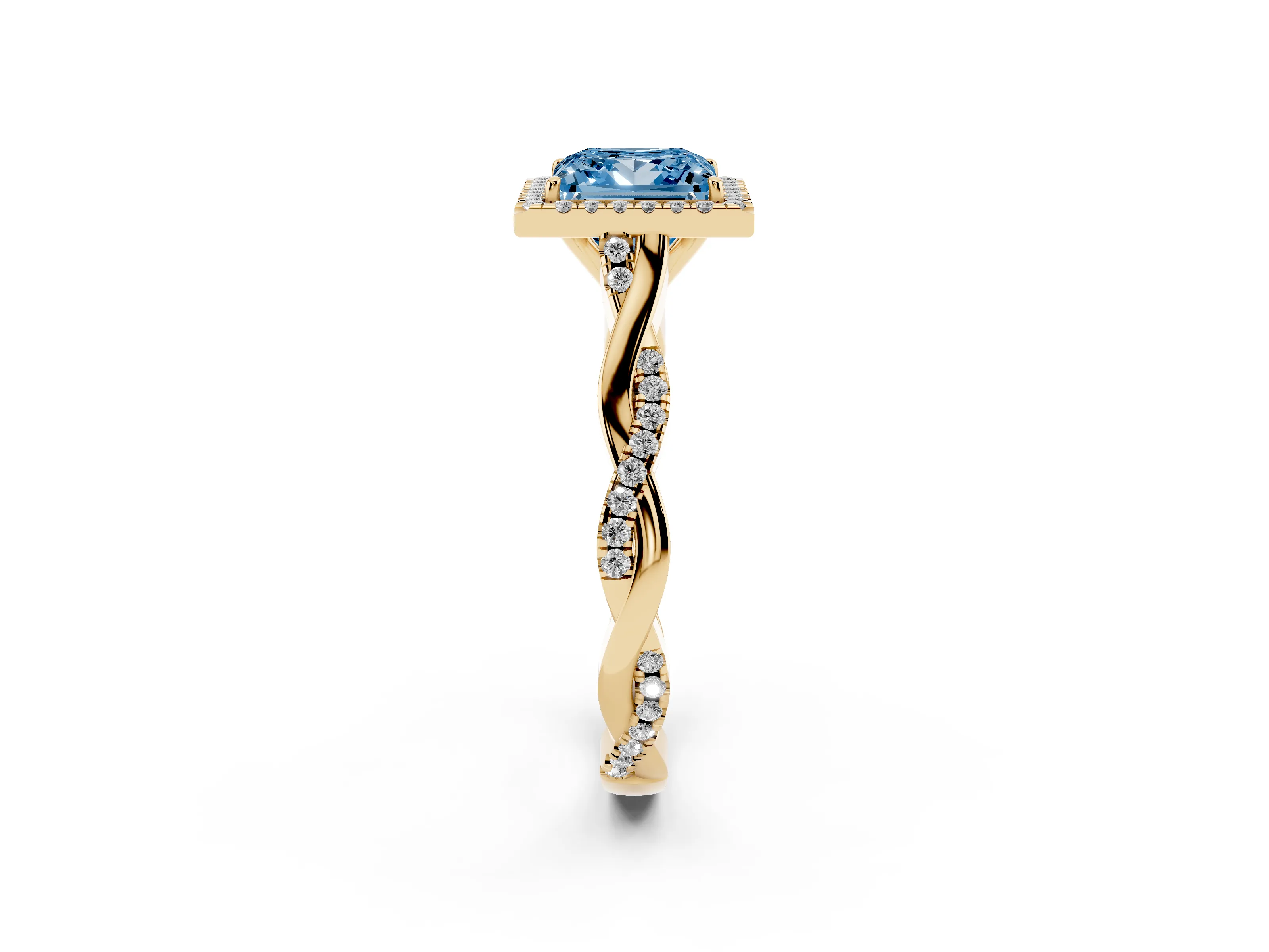 Fancy Blue Princess Cut Diamond Halo Twist Band Solitaire Ring Set in Yellow gold with Prong Setting