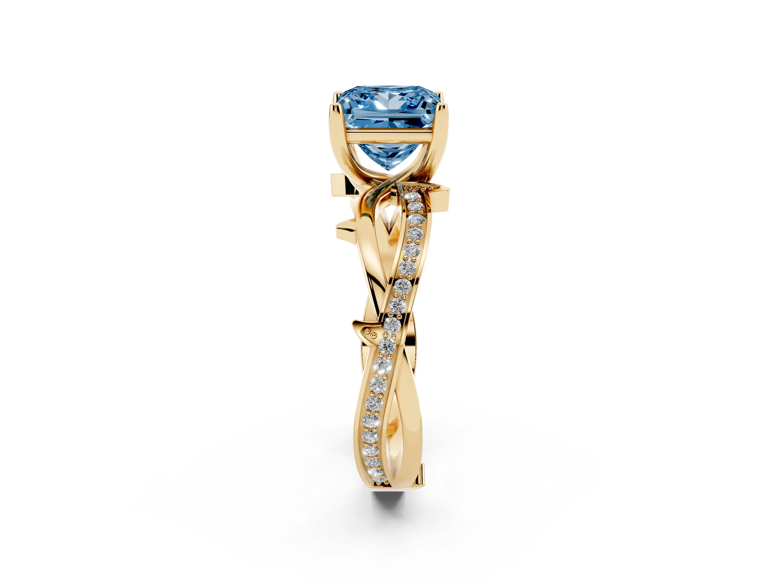 Fancy Blue Princess Cut Diamond Pavé Twist Band Solitaire Ring Set in Yellow gold with Prong Setting