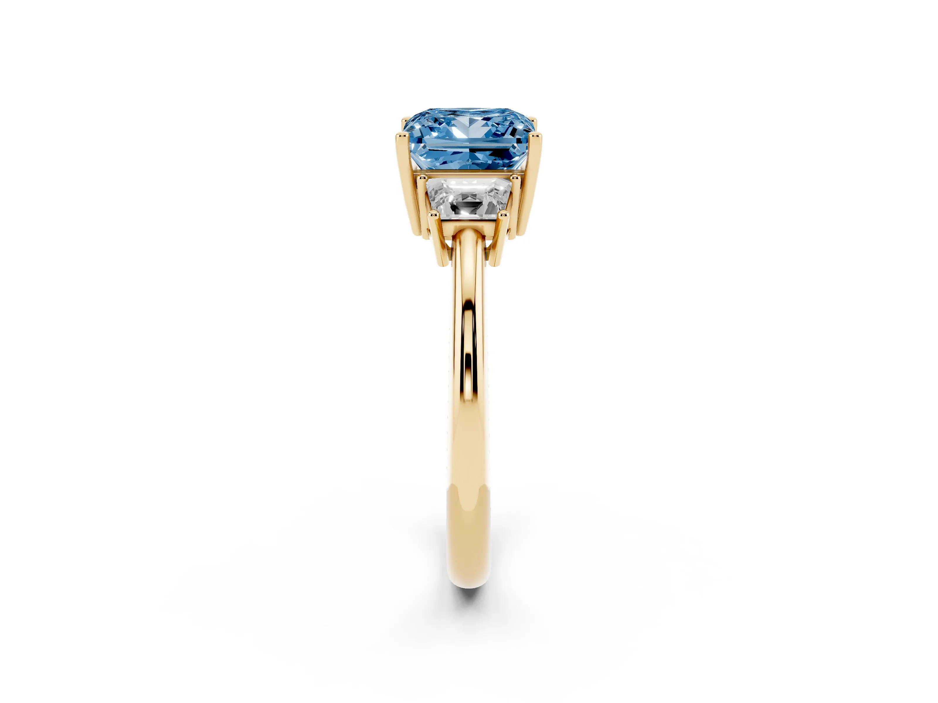 Fancy Blue Princess Cut Diamond Three-Stone Ring Set in Yellow gold with Trapezoid Side Stones and Prong Setting