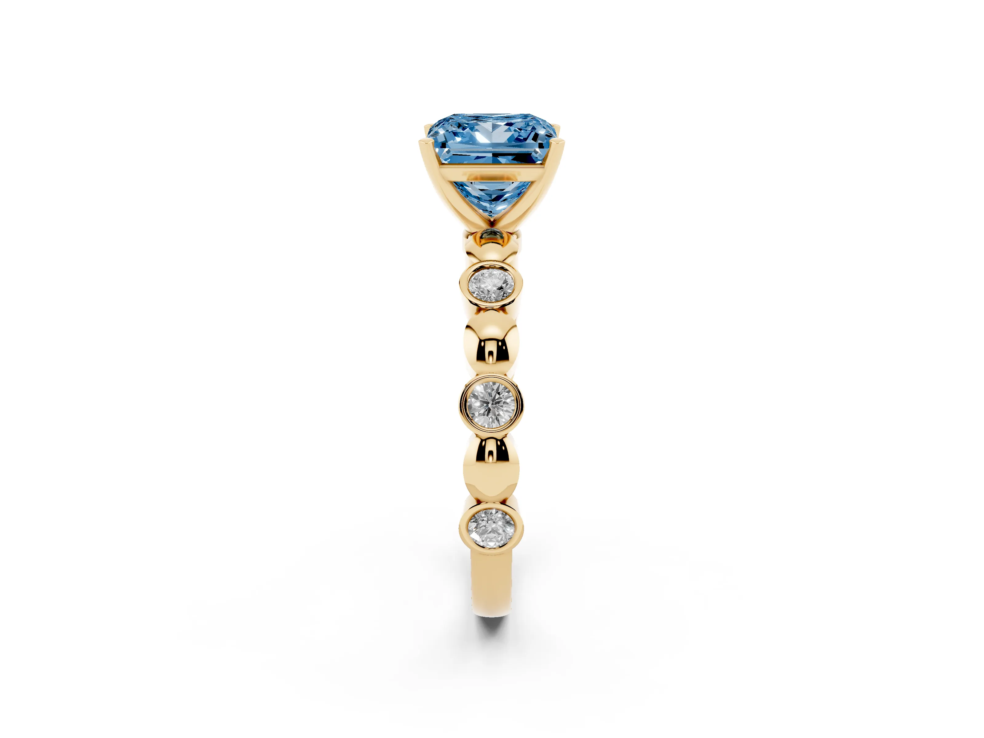 Fancy Blue Princess Cut Diamond Solitaire Ring Set in Yellow gold with Bezel-Set Accents on Beaded Band and Prong Setting