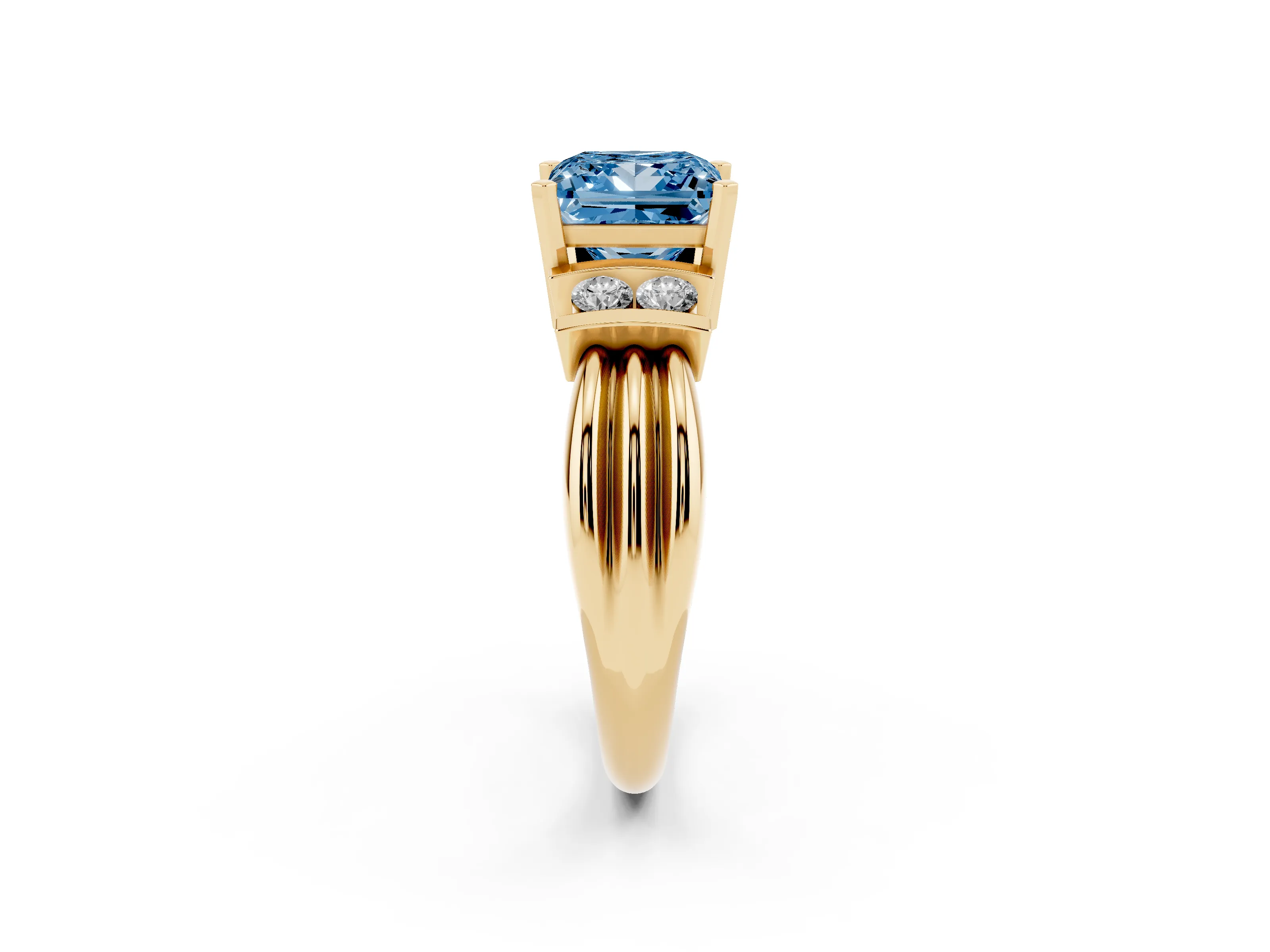 Fancy Blue Three-Stone Princess Cut Diamond Channel Set Ring Set in Yellow gold with Bar Prongs