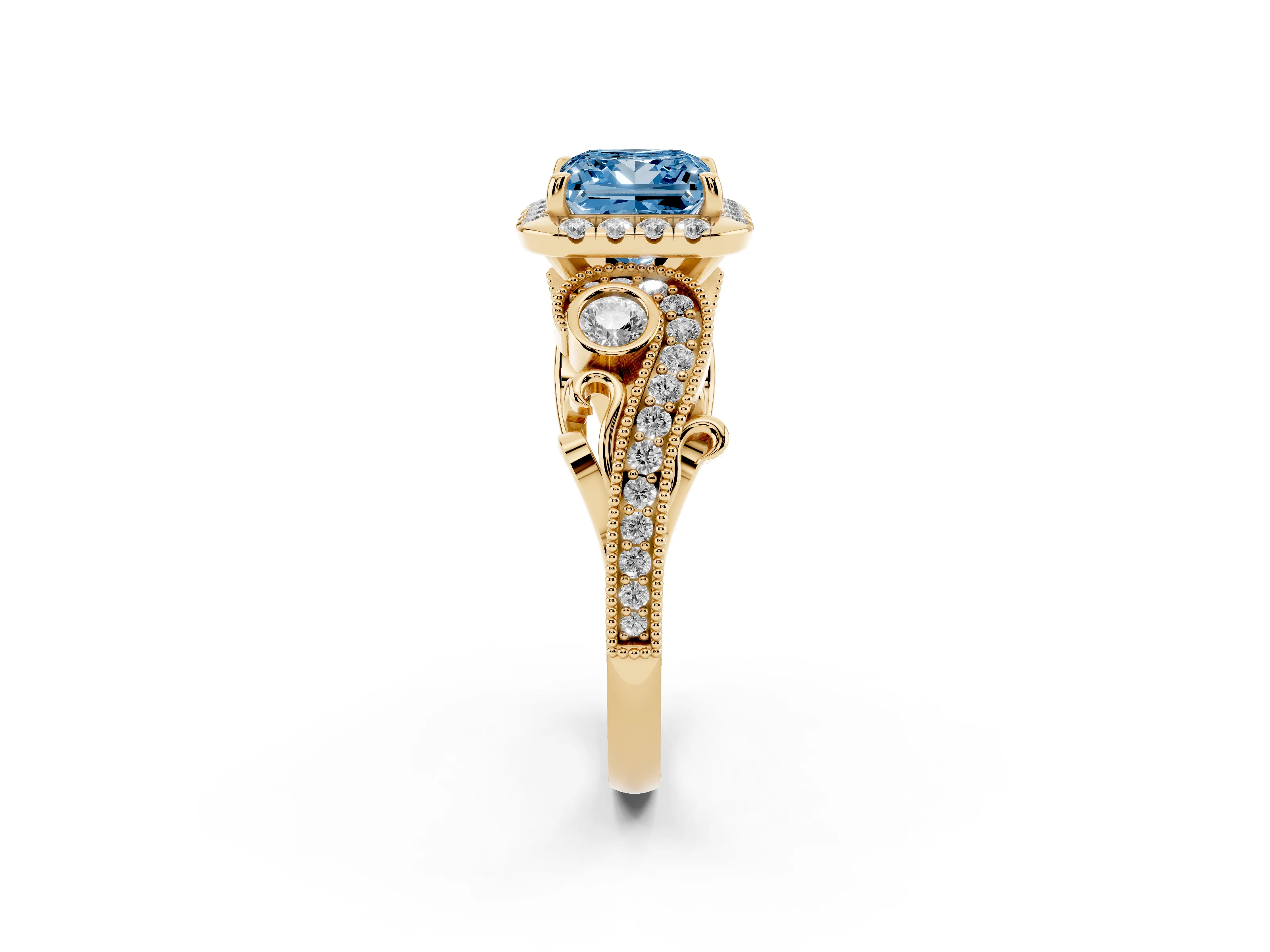 Fancy Blue Princess Cut Diamond Halo Ring Set in Yellow gold with Milgrain Pavé Band and Prong Setting