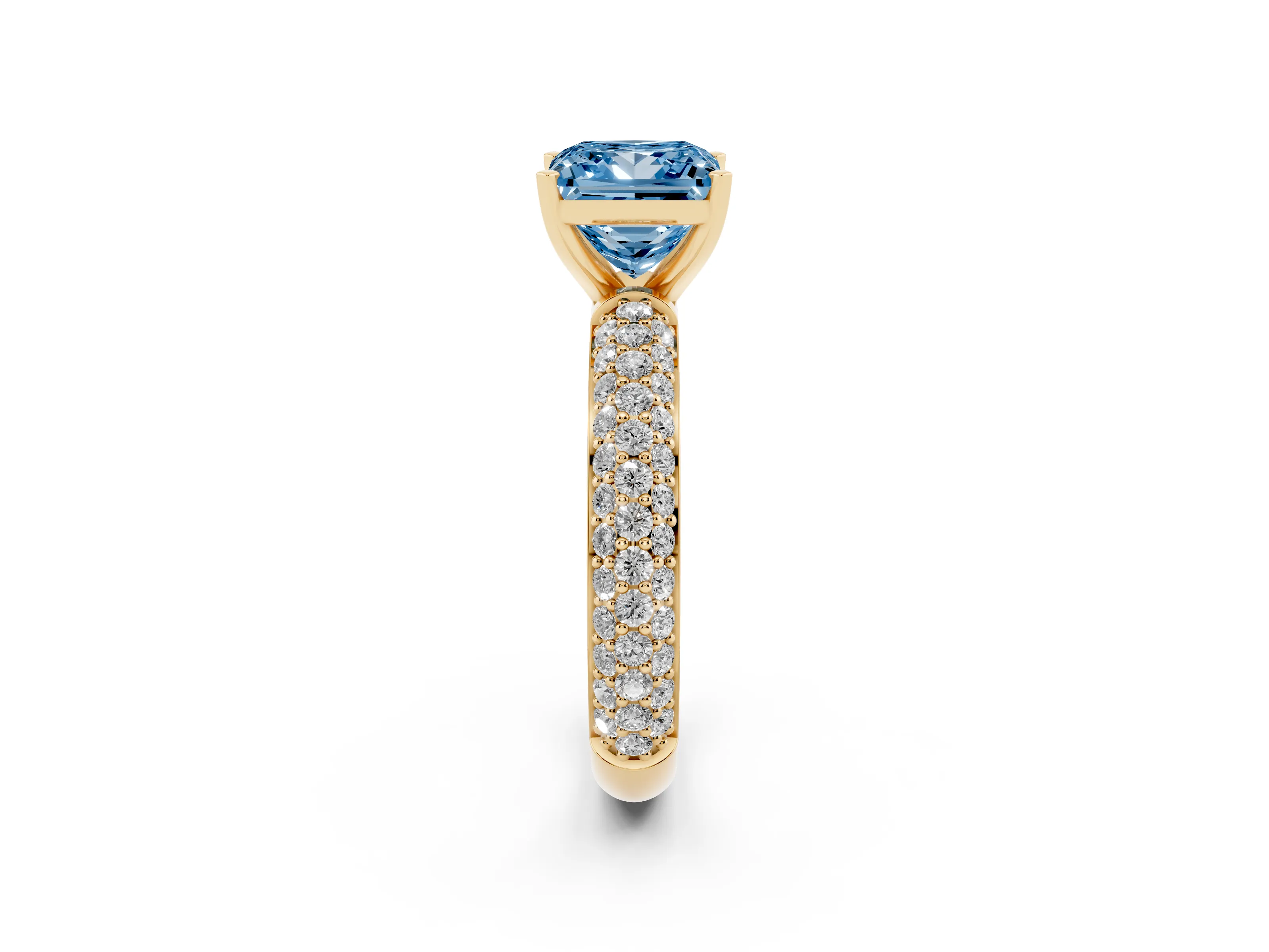 Fancy Blue Princess Cut Diamond Solitaire Ring Set in Yellow gold with Prong Setting and Pavé-Set Band