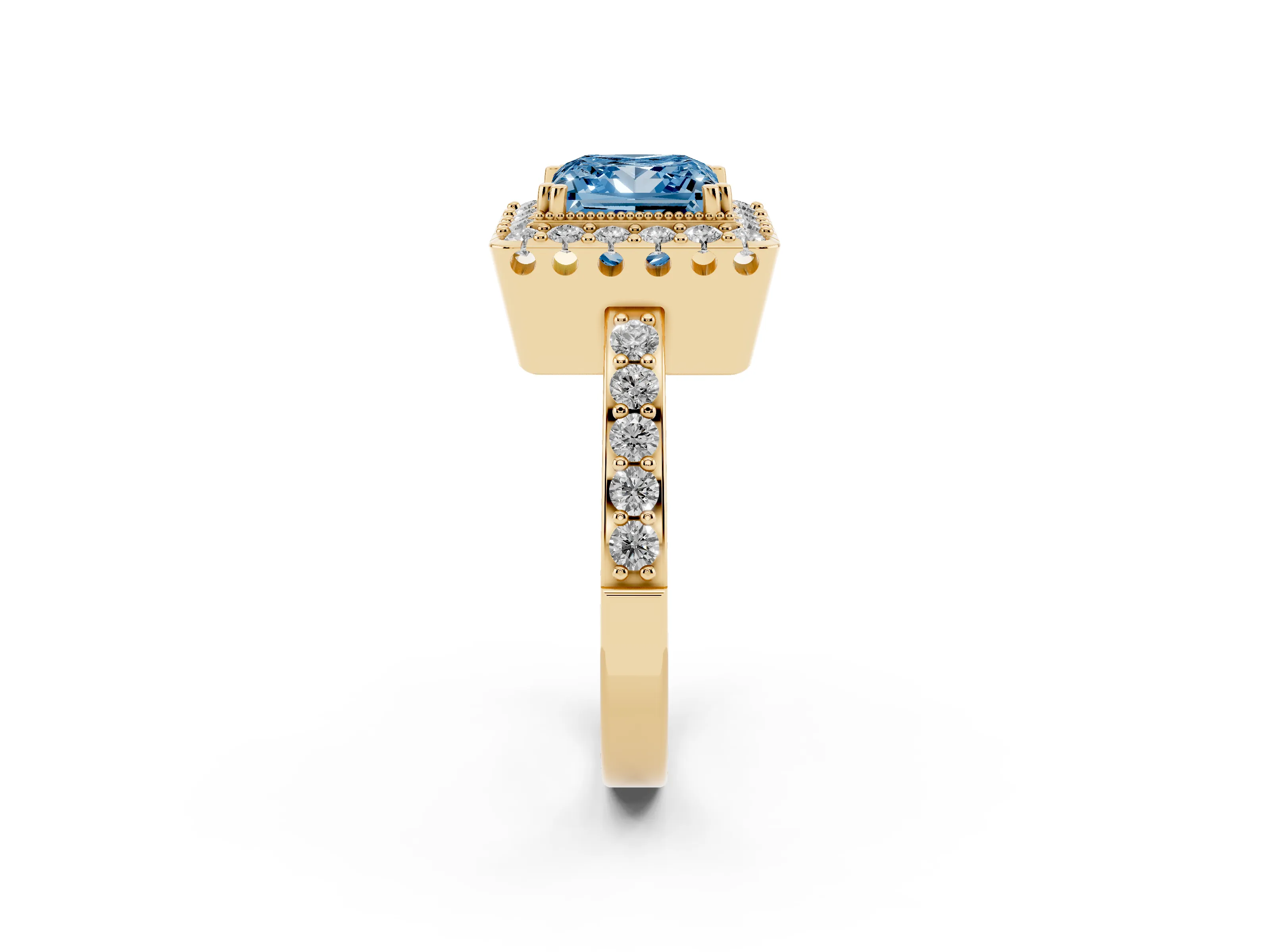 Fancy Blue Princess Cut Diamond Halo Ring Set in Yellow gold with Pavé Shank and Prong Setting