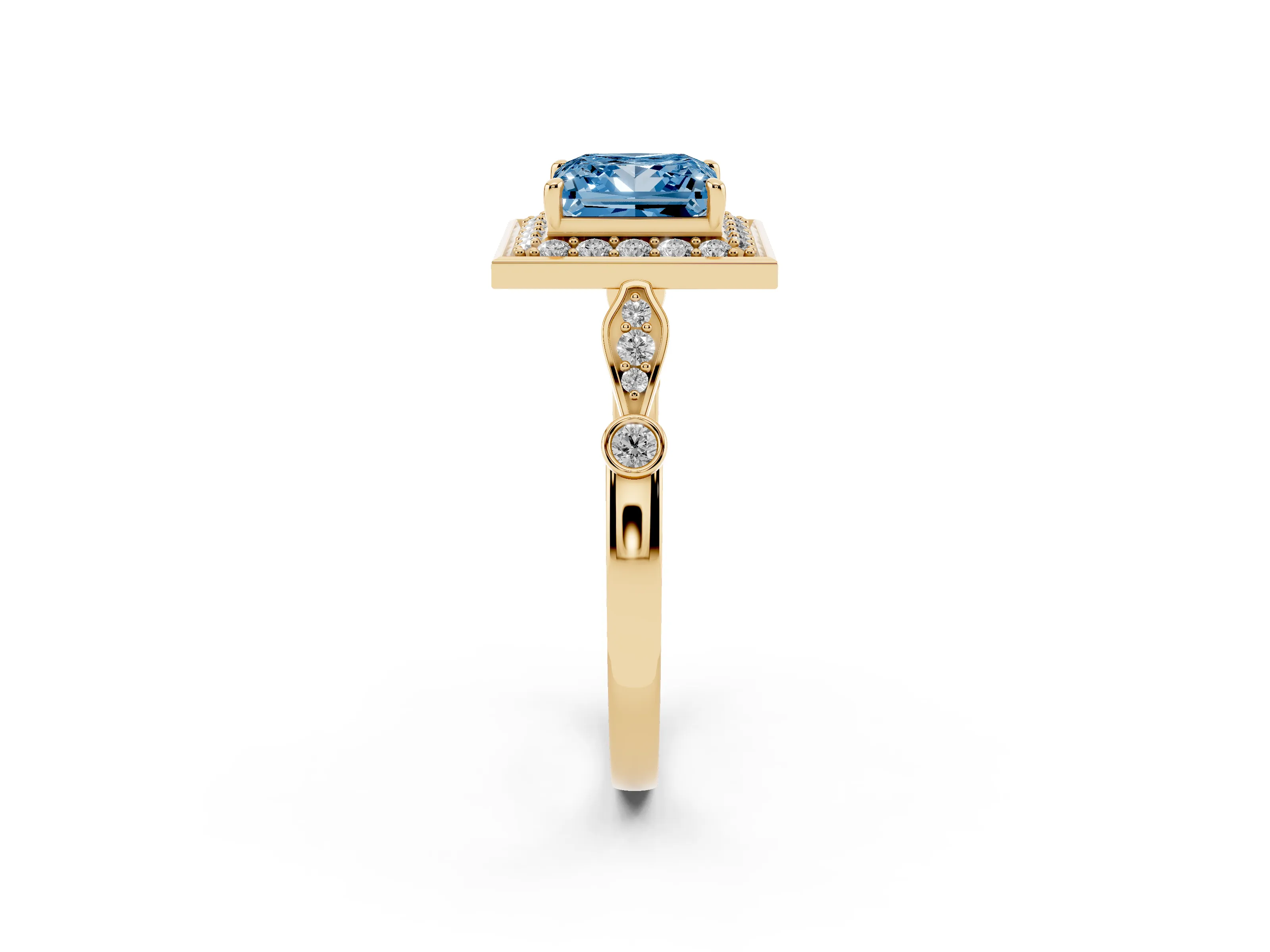 Fancy Blue Princess Cut Diamond Halo Engagement Ring Set in Yellow gold with Twisted Band and Prong Setting