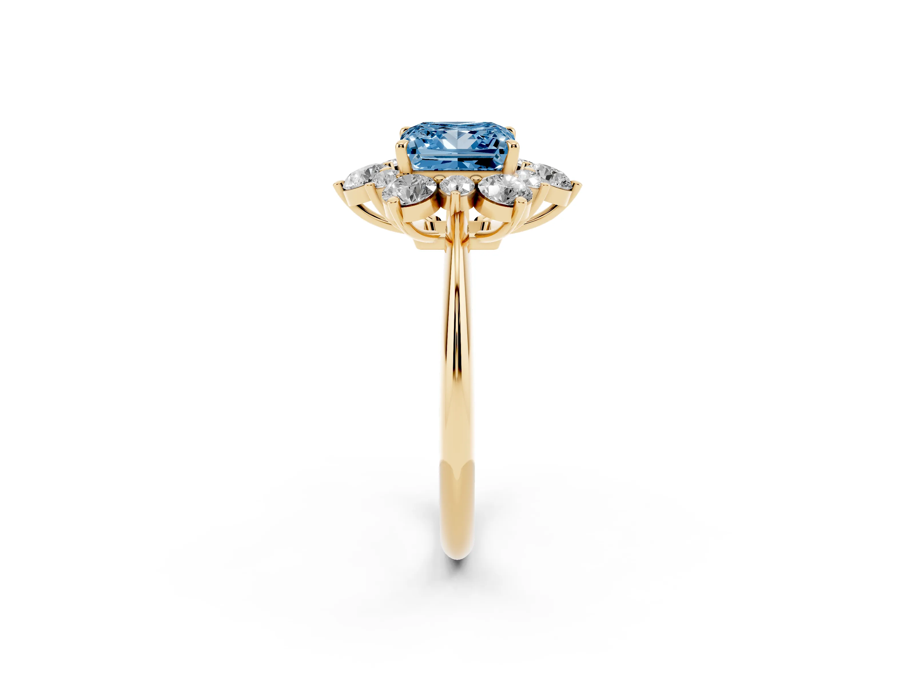 Fancy Blue Princess Cut Diamond Cluster Halo Ring Set in Yellow gold with Solitaire Band and Prong Setting