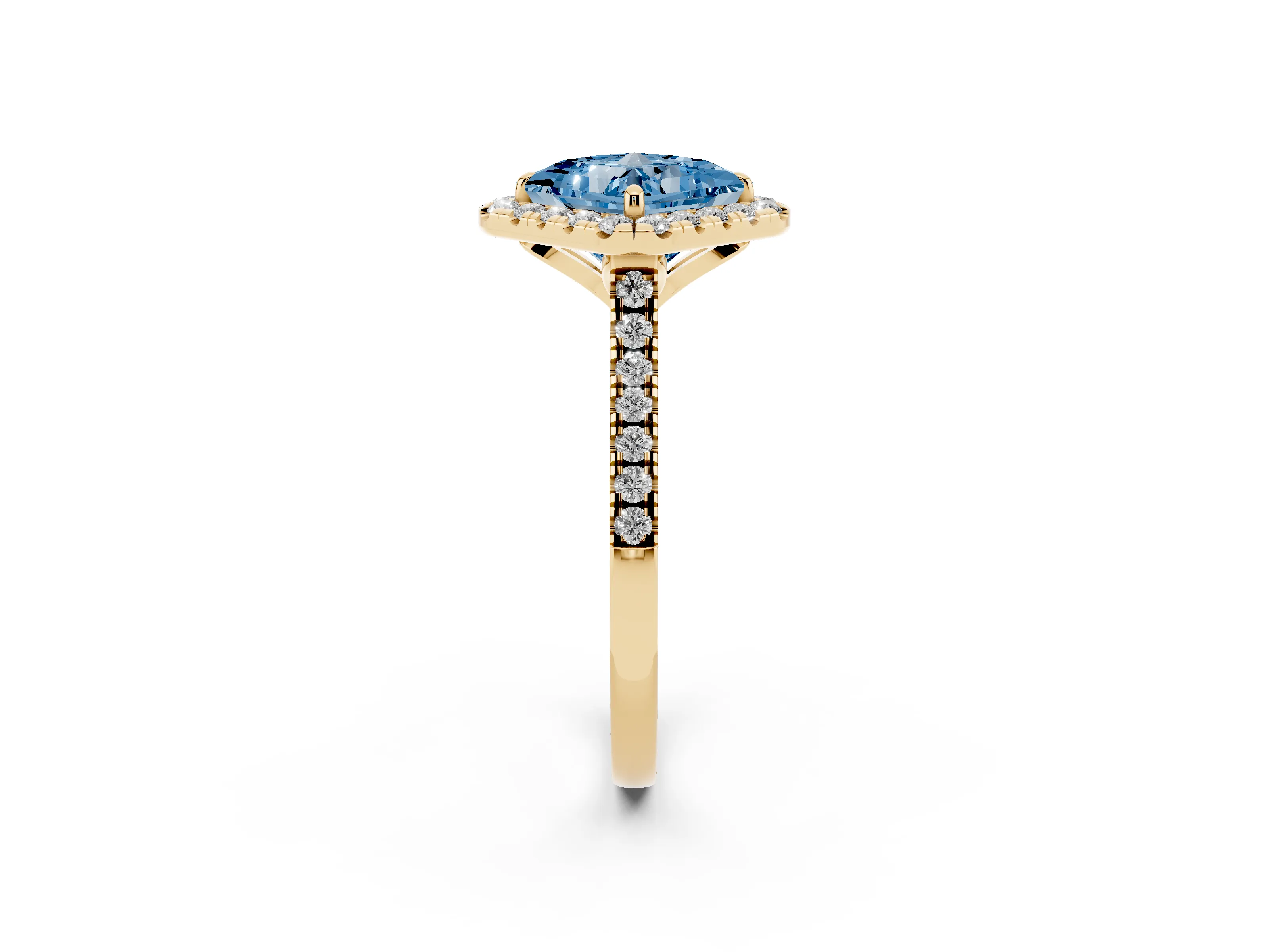 Fancy Blue Princess Cut Diamond Cushion Halo Ring Set in Yellow gold with Pavé Band