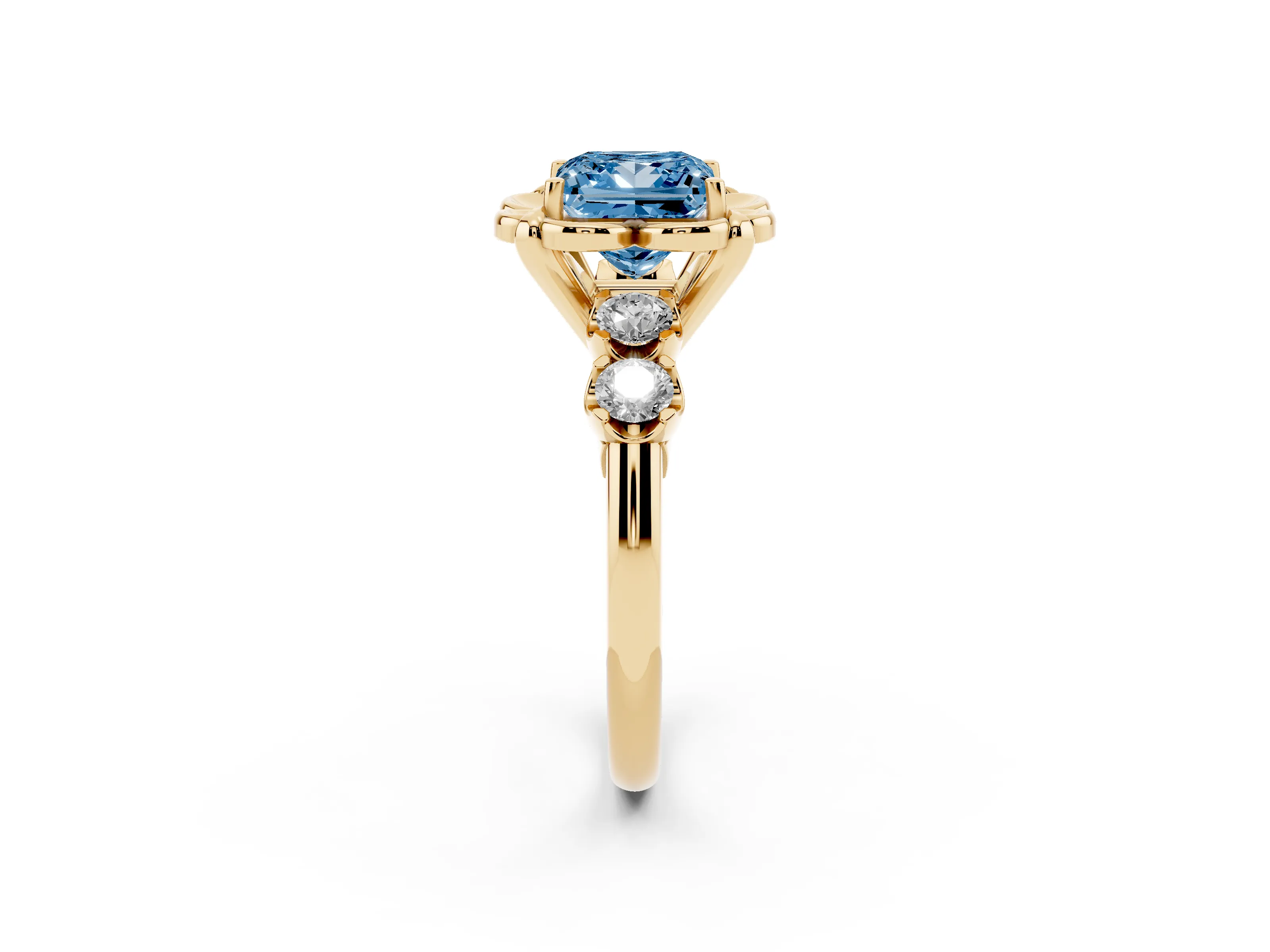 Fancy Blue Princess Cut Diamond Floral Halo Ring Set in Yellow gold with Shared Prong Band