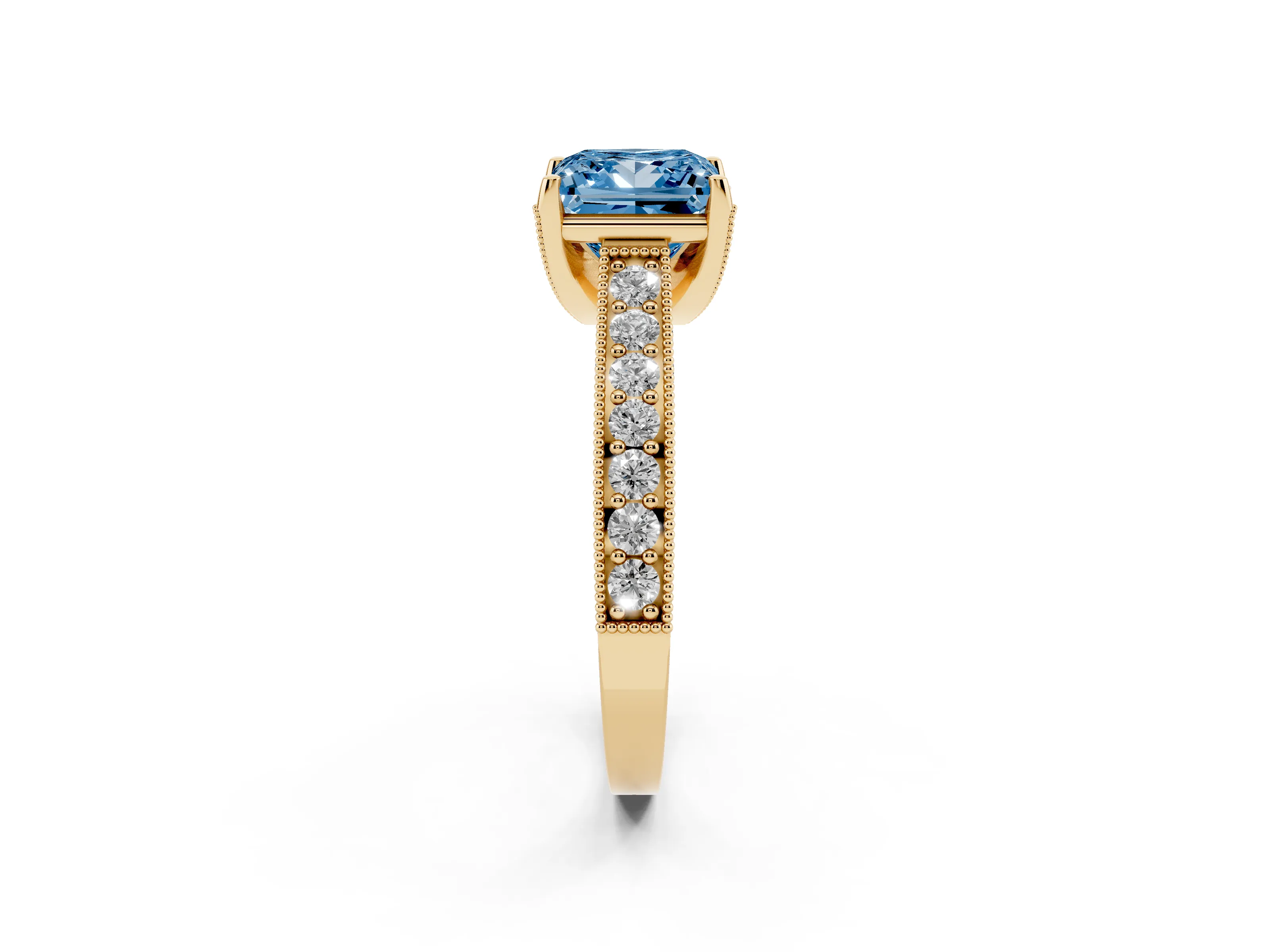 Fancy Blue Princess Cut Diamond Solitaire Ring Set in Yellow gold with Milgrain-Edged Pavé Band and Prong Setting