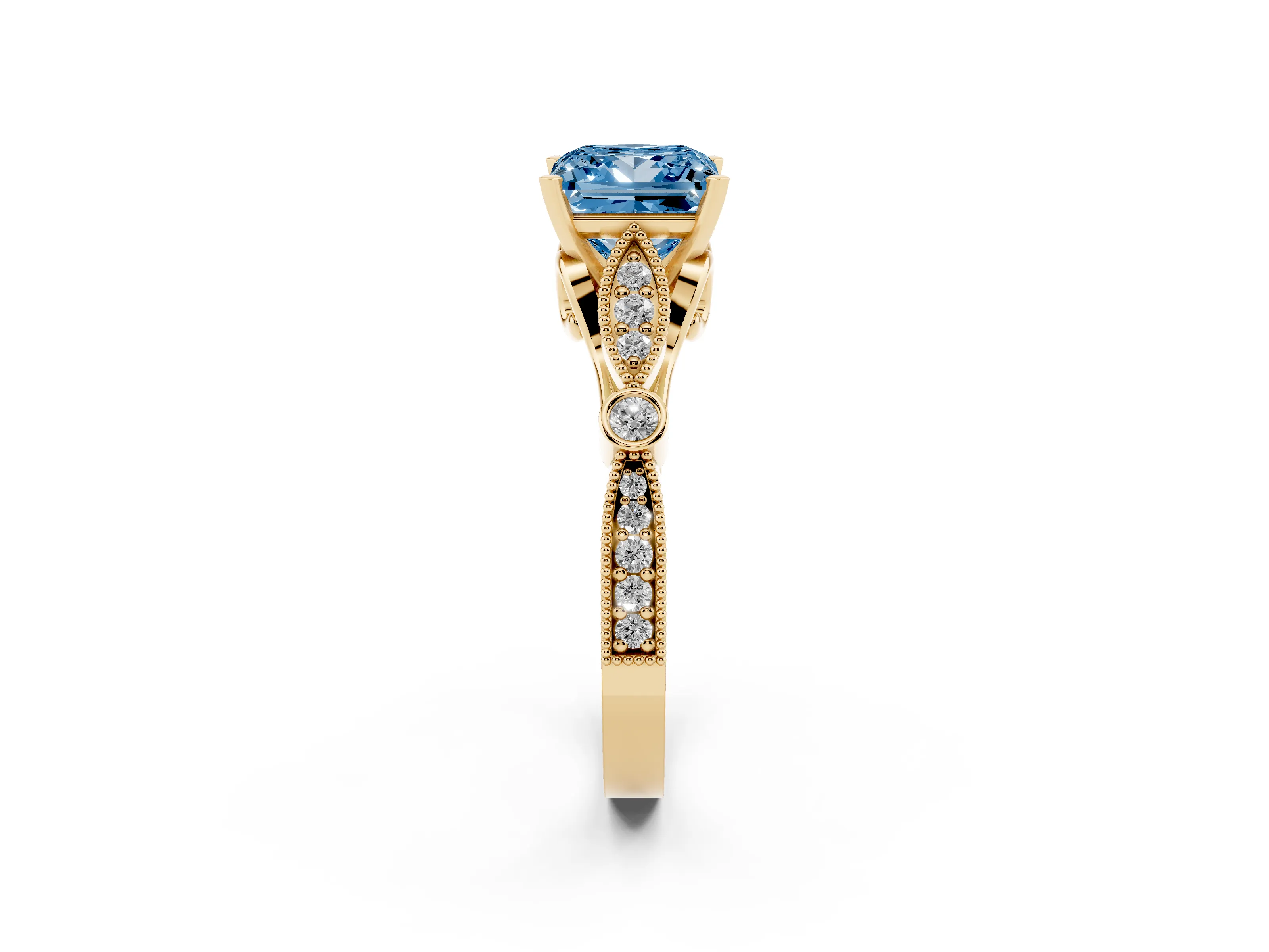 Fancy Blue Princess Cut Diamond Solitaire Ring Set in Yellow gold with Milgrain Marquise and Bezel Accents