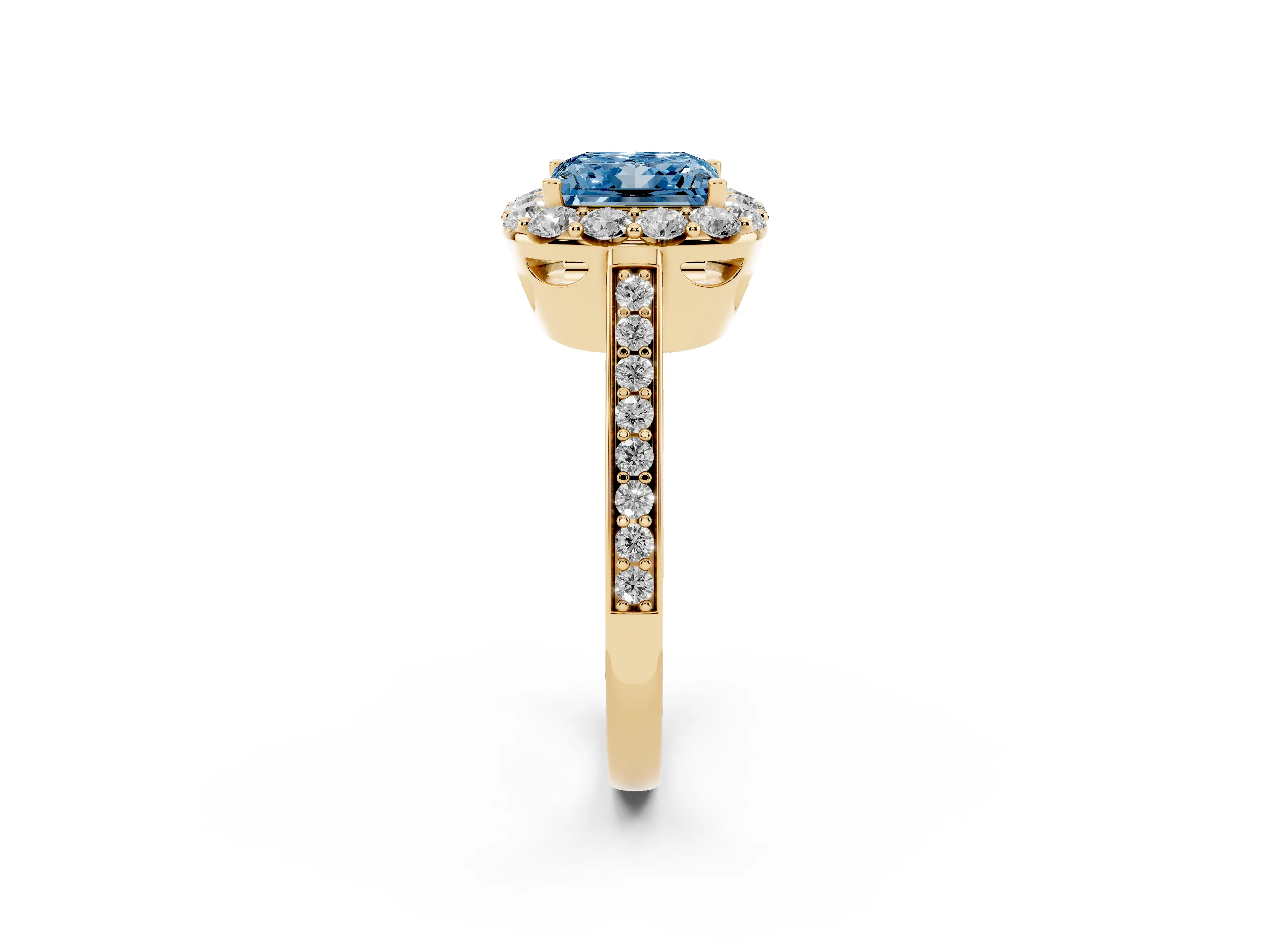Fancy Blue Princess Cut Diamond Floral Halo Ring Set in Yellow gold with Pavé Band and Prong Setting