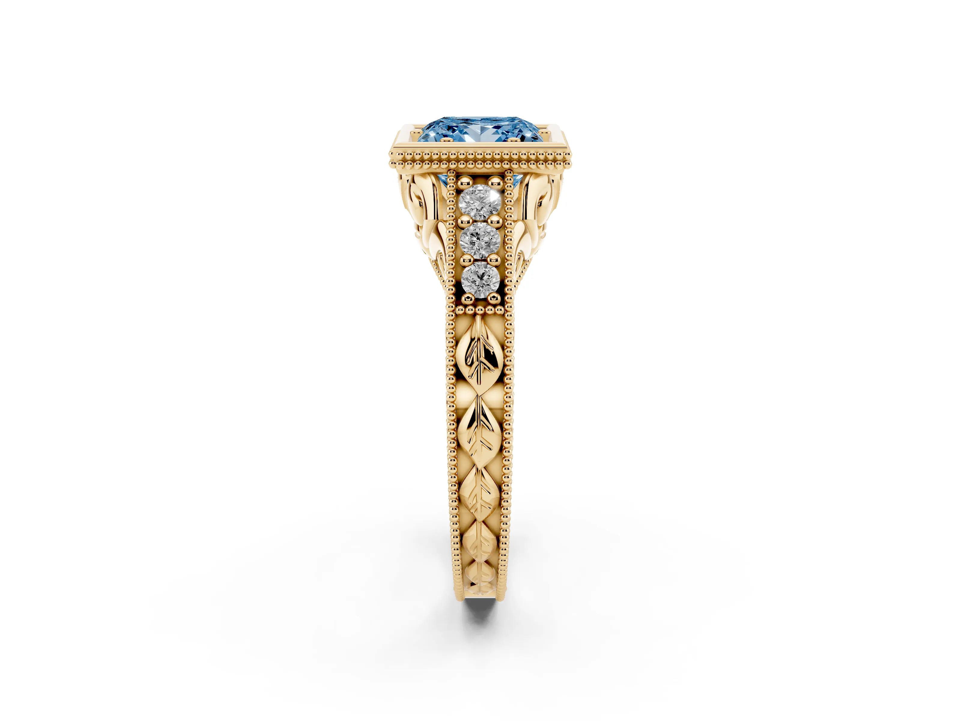 Fancy Blue Bezel Set Princess Cut Diamond Milgrain Pavé Engagement Ring Set in Yellow gold