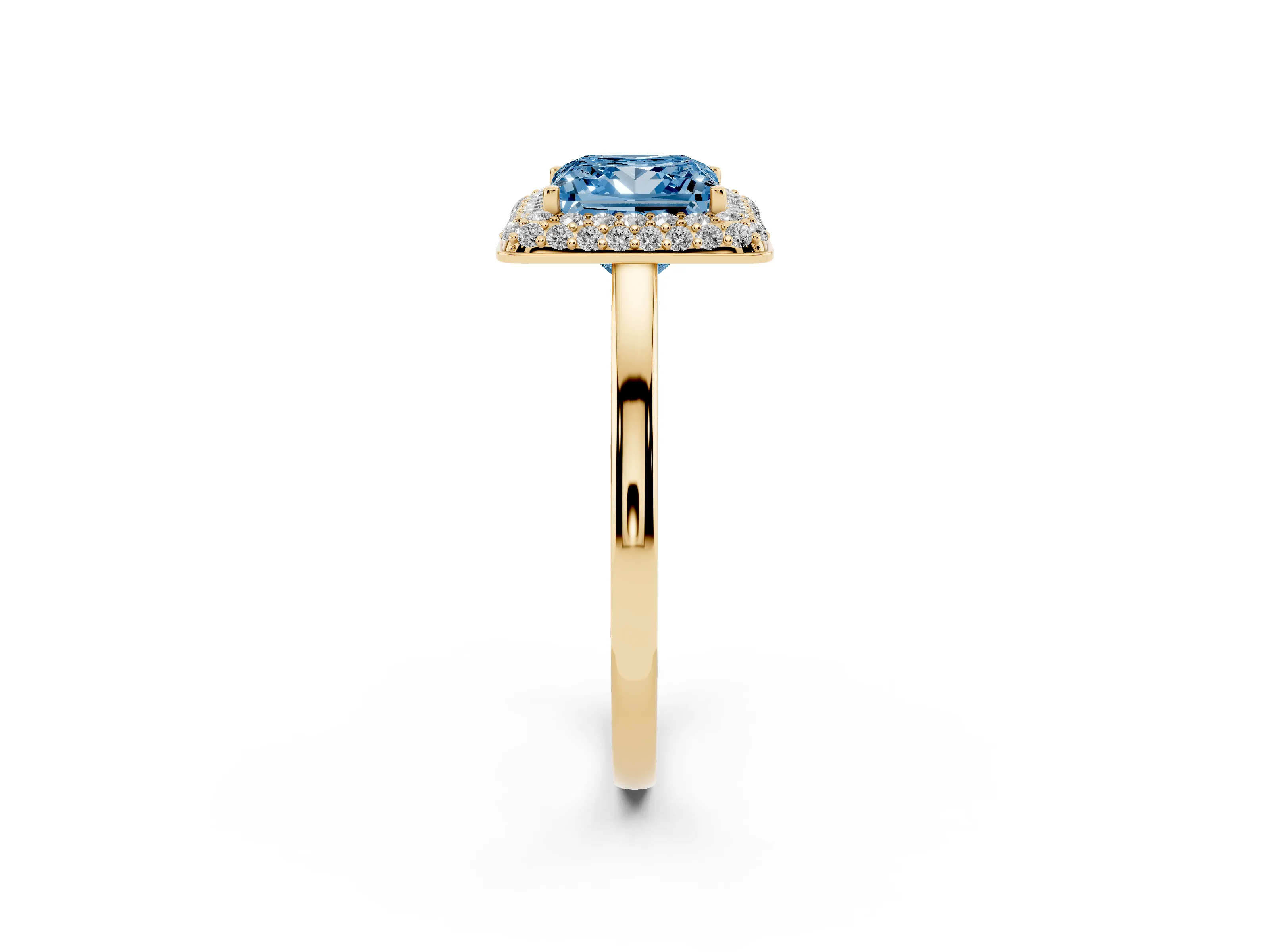 Fancy Blue Princess Cut Diamond Halo Engagement Ring Set in Yellow gold with Solitaire Band and Prong Setting