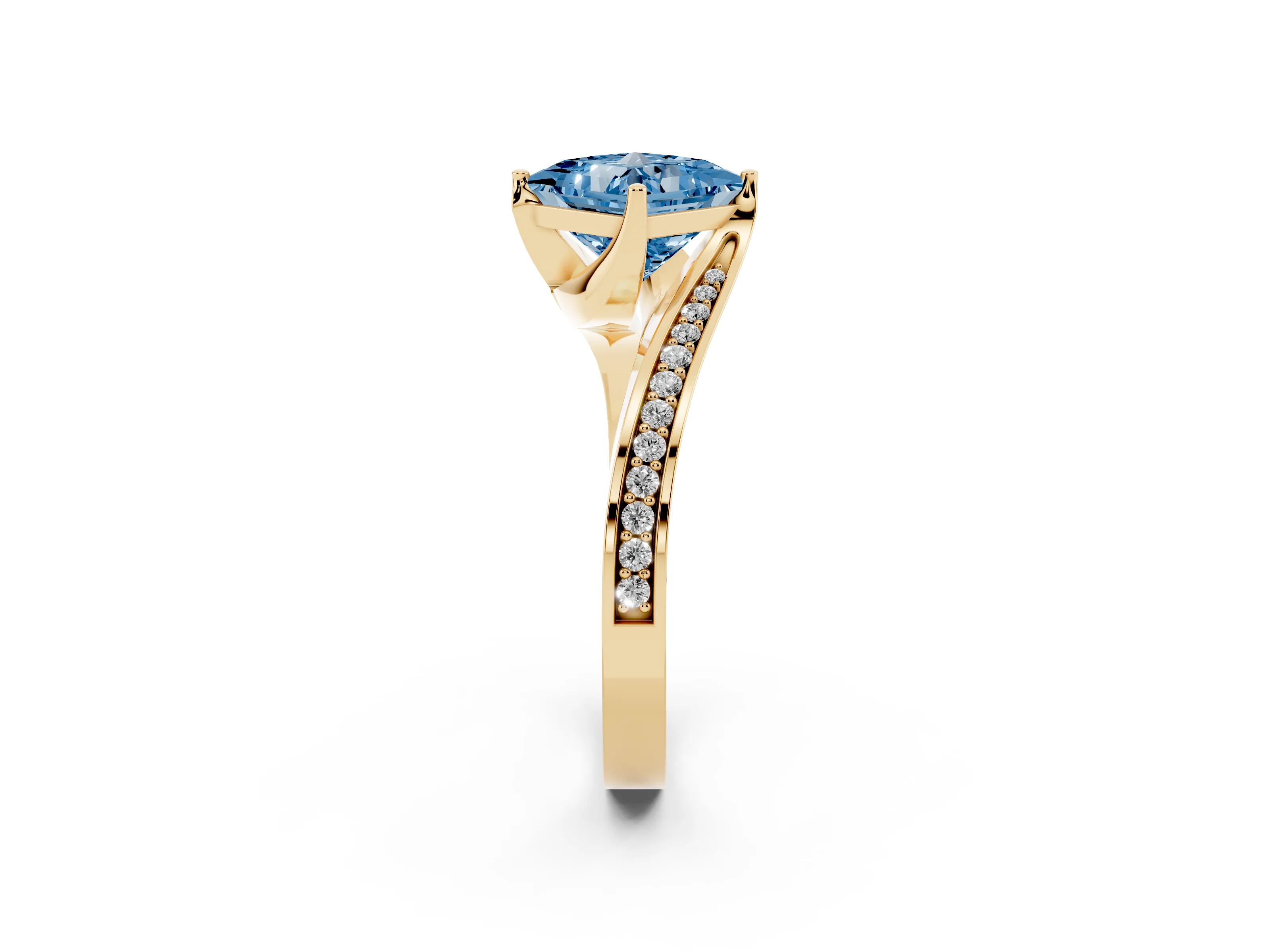 Fancy Blue Princess Cut Diamond Solitaire Ring Set in Yellow gold with Intertwined Pavé Twist Band
