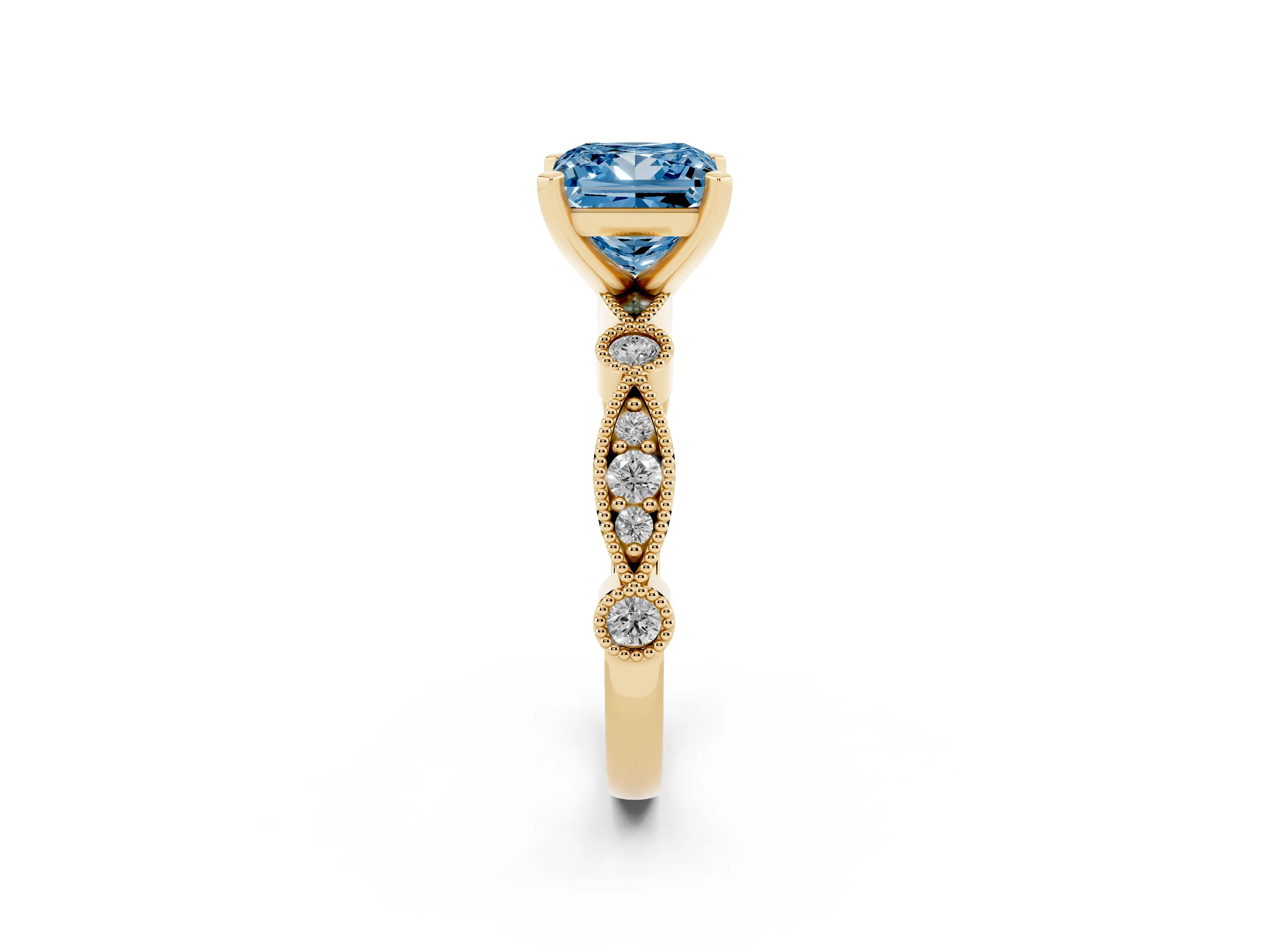 Fancy Blue Princess Cut Diamond Solitaire Engagement Ring Set in Yellow gold with Milgrain Bezel Accent Band