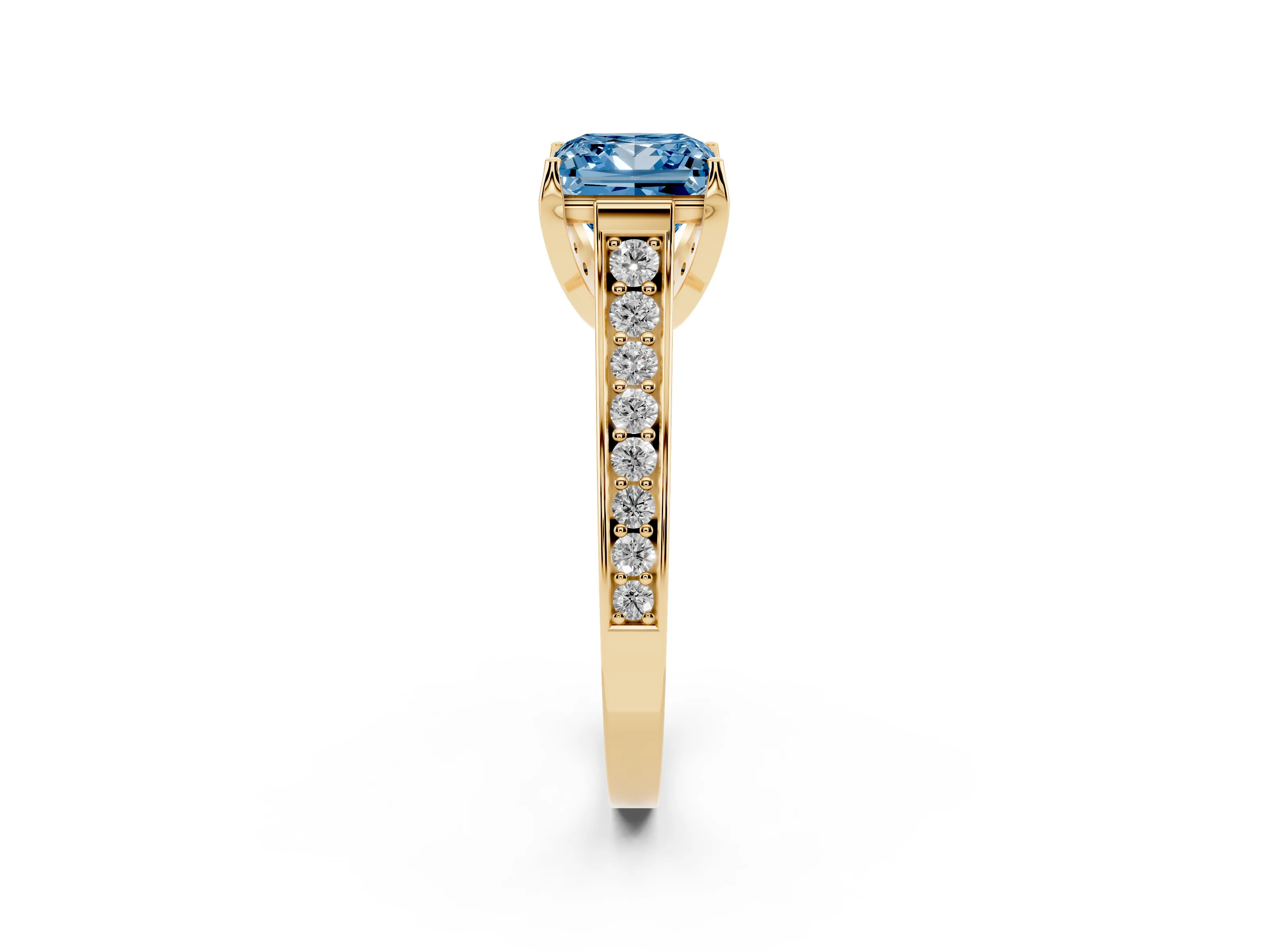 Fancy Blue Princess Cut Diamond Solitaire Pavé Engagement Ring Set in Yellow gold with Prong Setting