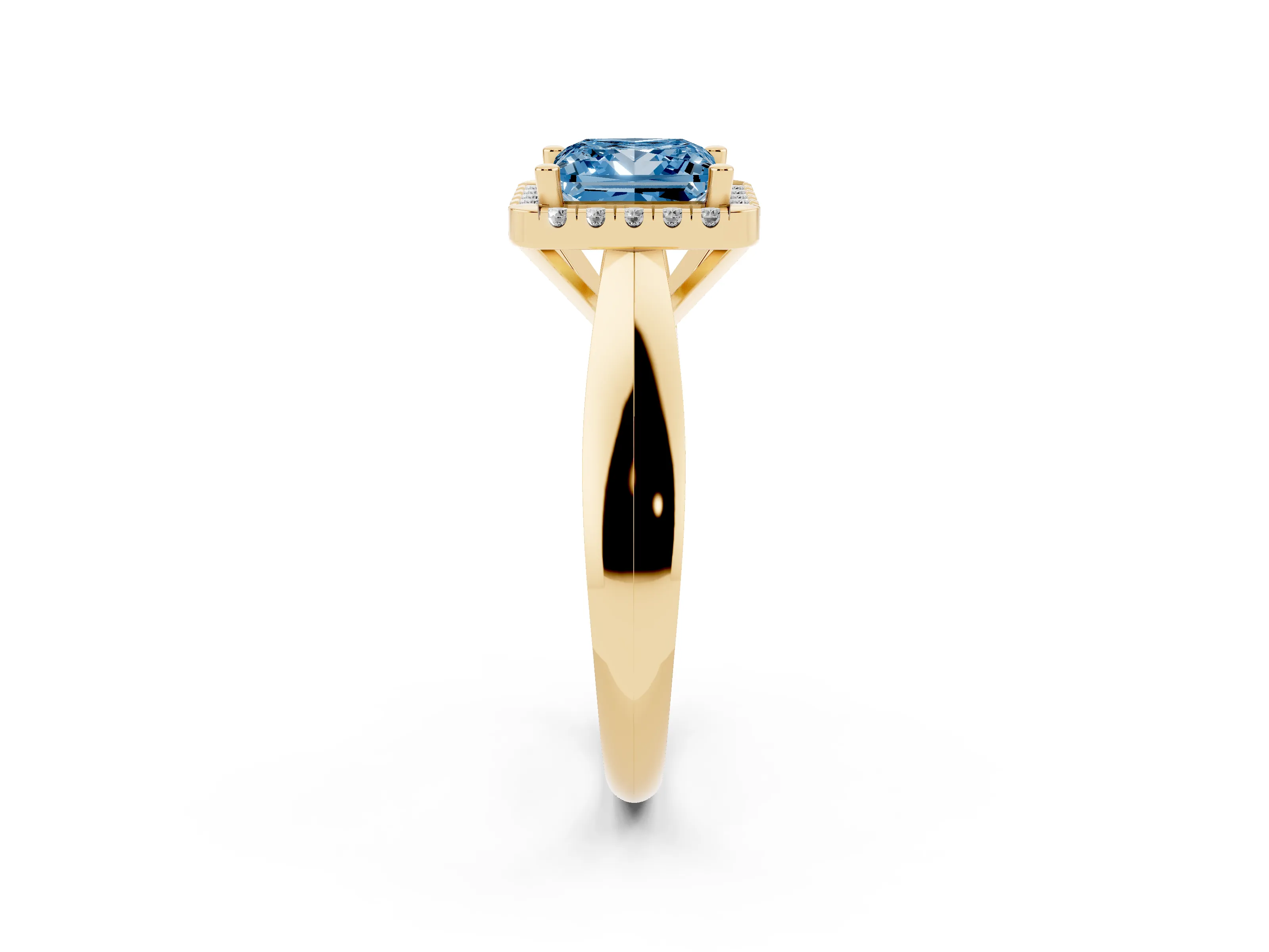 Fancy Blue Princess Cut Diamond Halo Solitaire Engagement Ring Set in Yellow gold with Square Band and Prong Setting