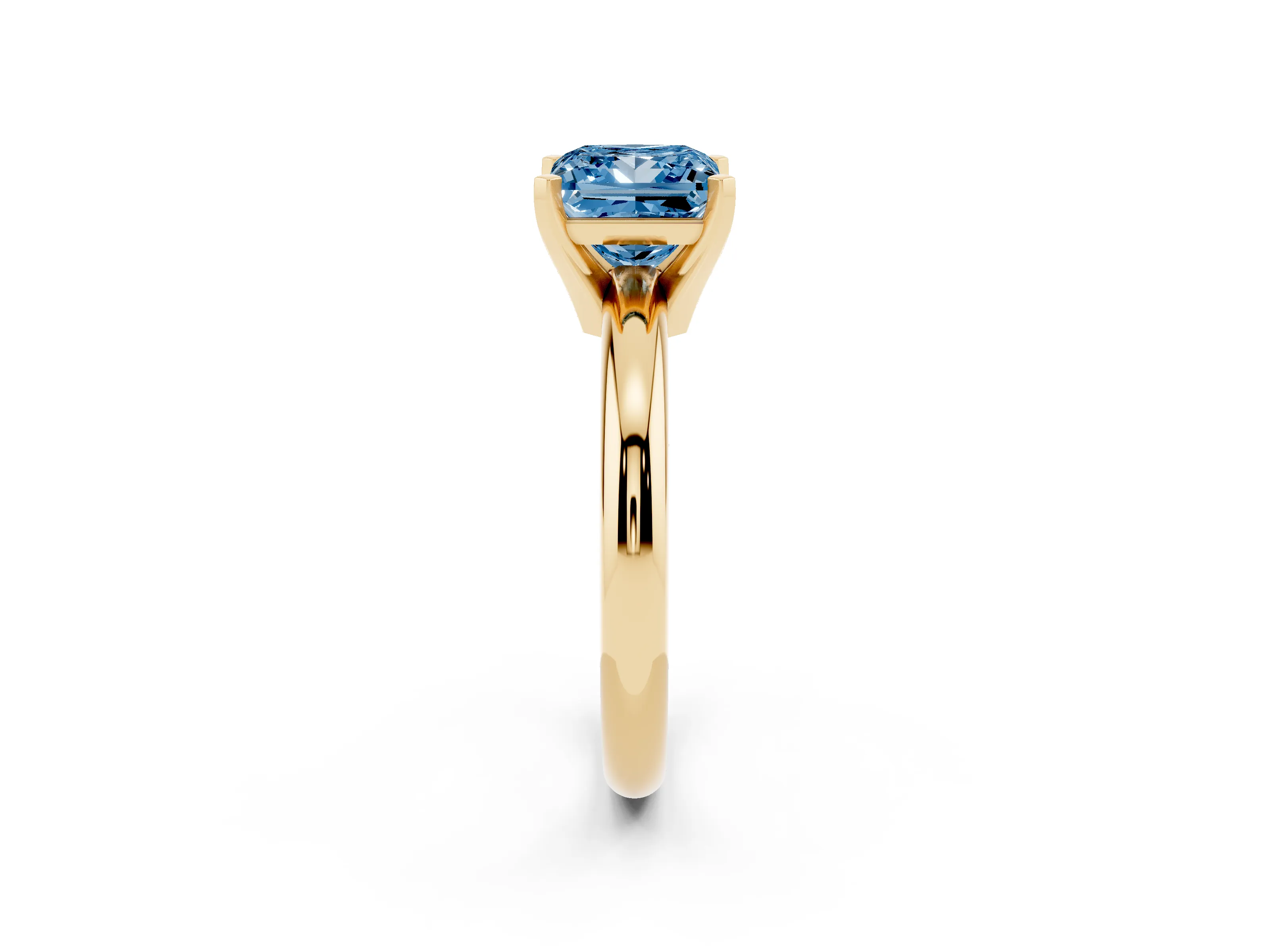 Fancy Blue Princess Cut Diamond Solitaire Engagement Ring Set in Yellow gold with Round Band and Prong Setting