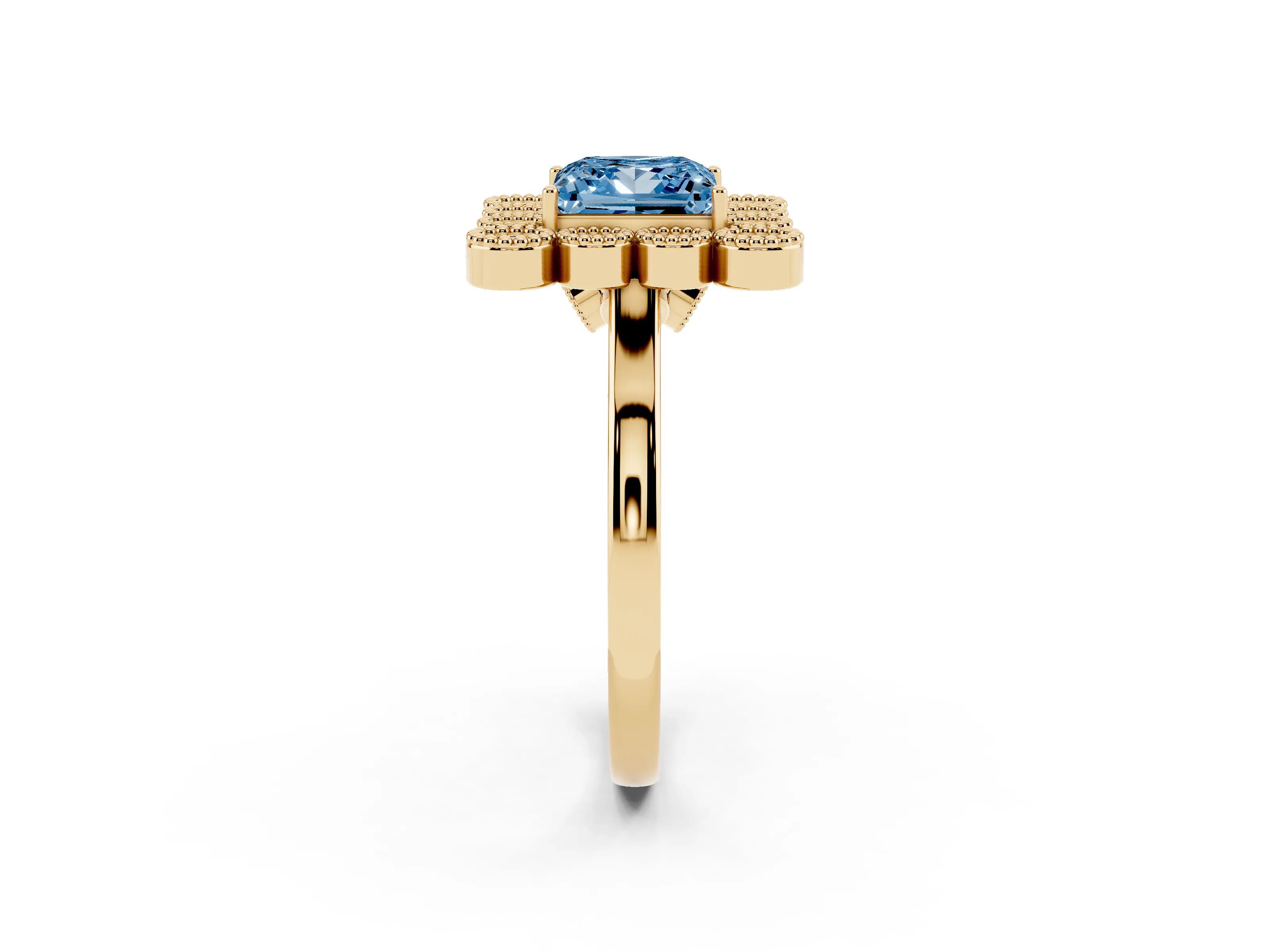 Fancy Blue Princess Cut Diamond Cluster Halo Ring Set in Yellow gold with Milgrain Bezel Accents and Plain Band
