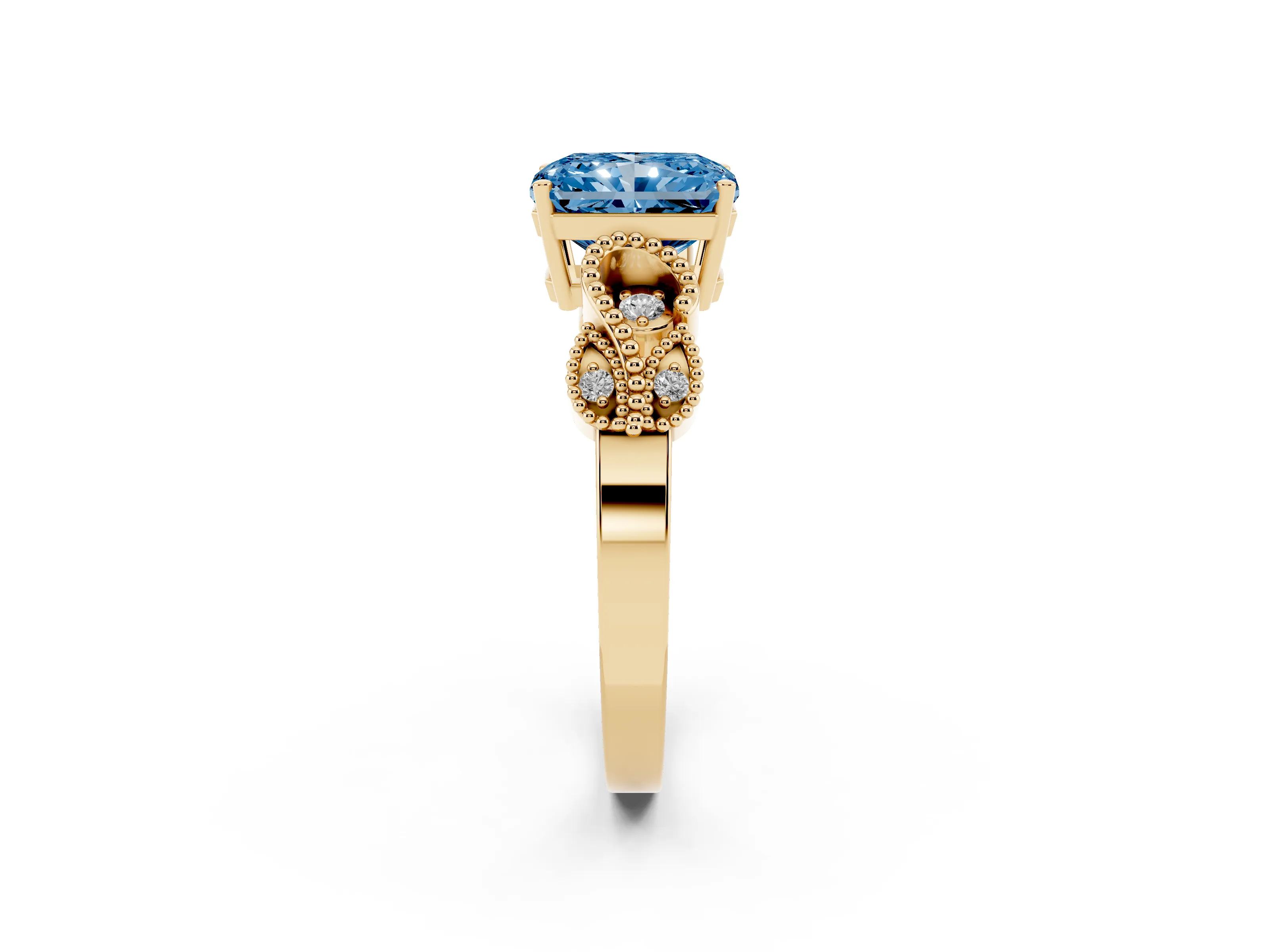 Fancy Blue Princess Cut Diamond Milgrain Leaf Band Solitaire Ring Set in Yellow gold with Accent Stones and Prong Setting