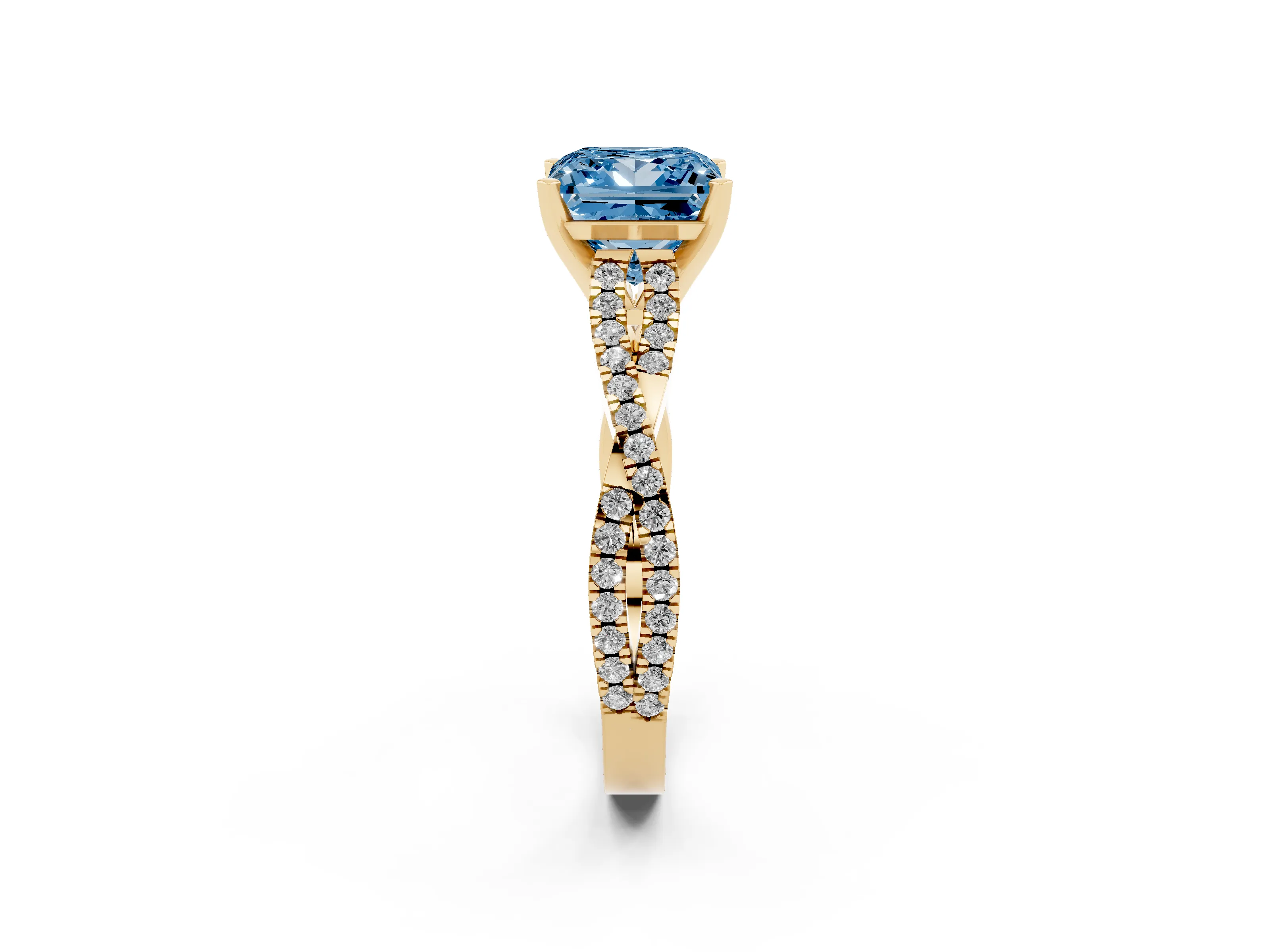 Fancy Blue Princess Cut Diamond Solitaire Engagement Ring Set in Yellow gold with Twisted Pavé Band and Prong Setting