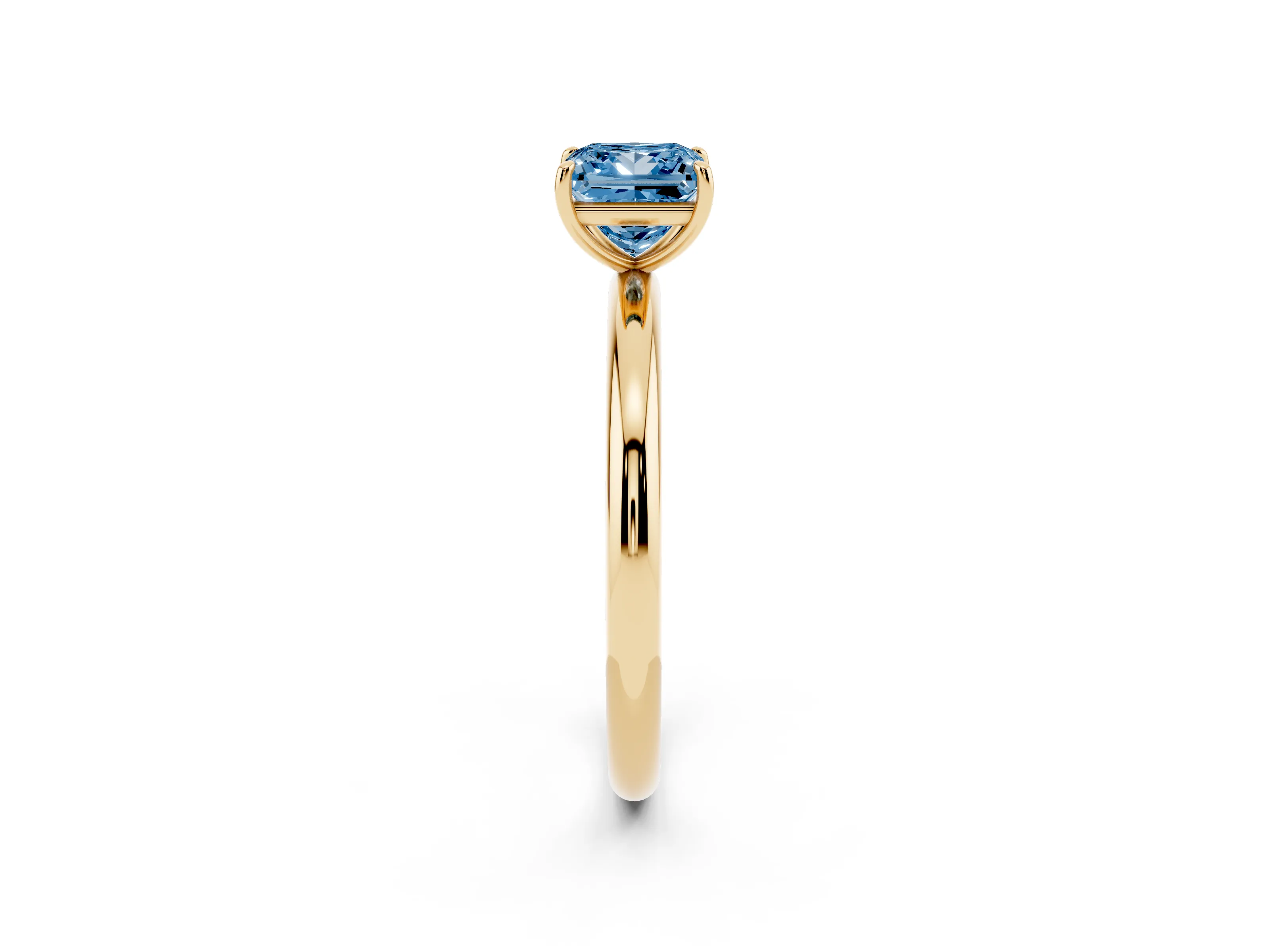 Fancy Blue Princess Cut Diamond Solitaire Ring Set in Yellow gold with Prong Setting on a Polished Plain Band