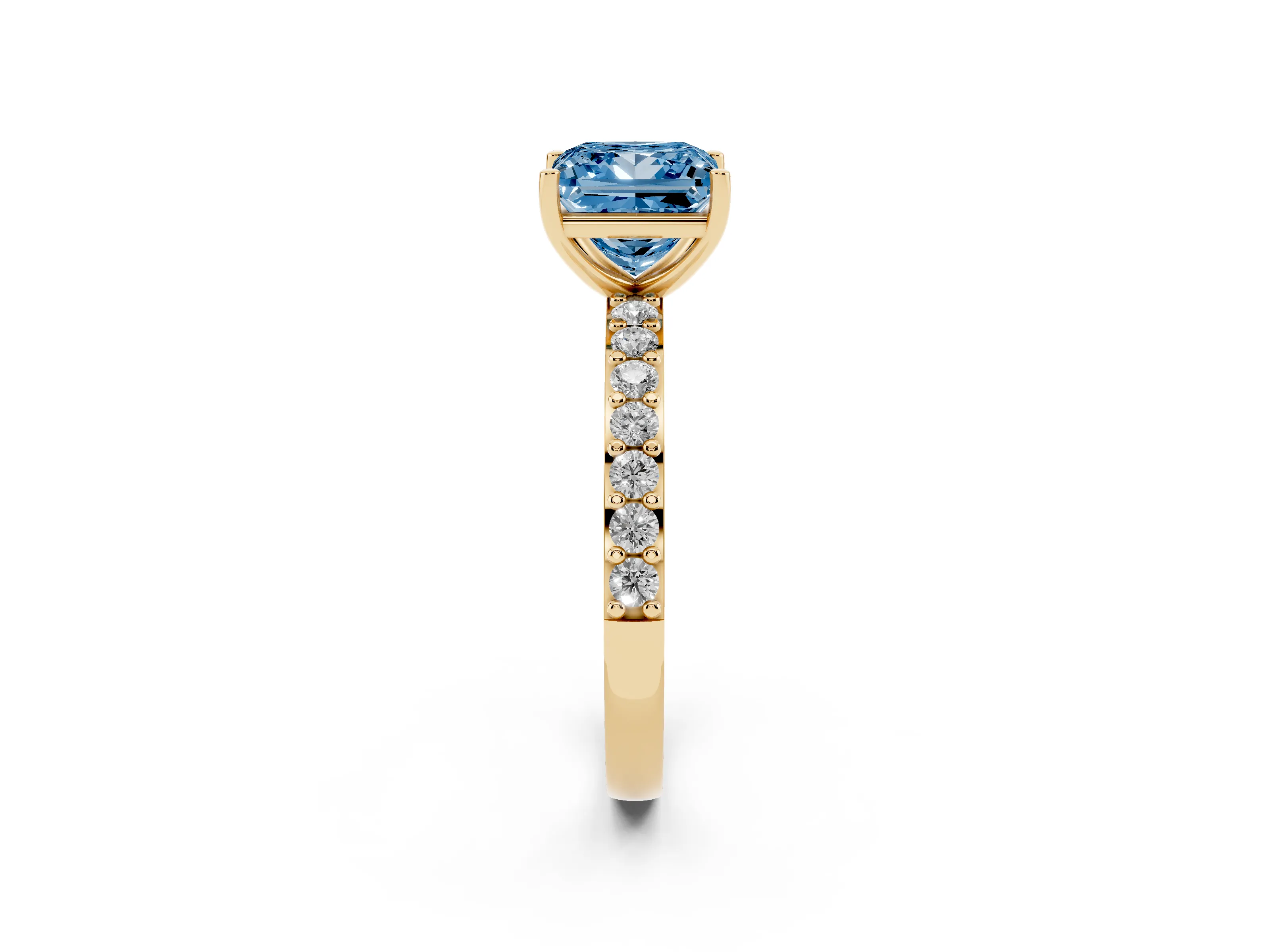 Fancy Blue Princess Cut Diamond Solitaire Set in Yellow gold with Round Pavé Band and Prong Setting
