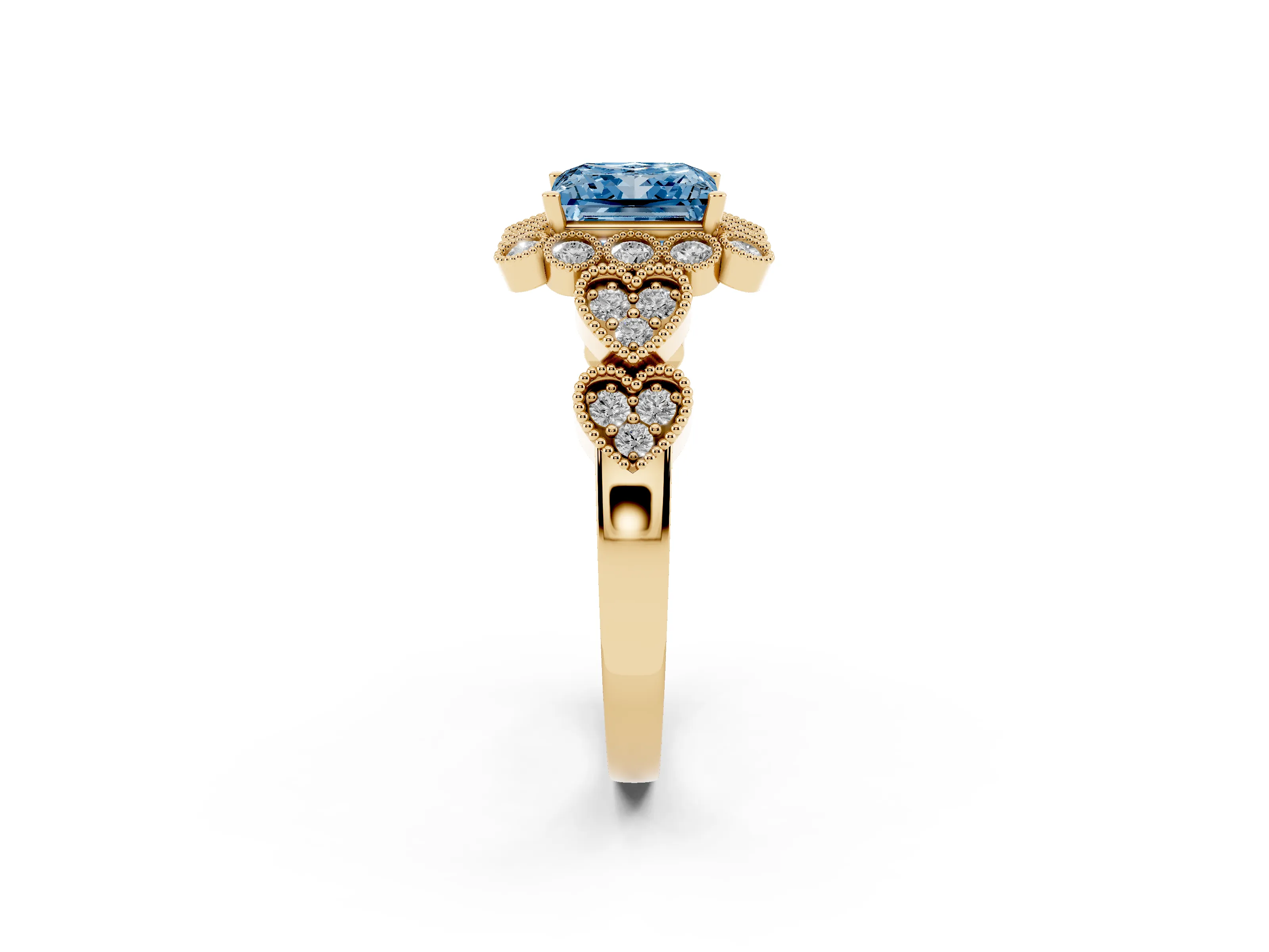 Fancy Blue Princess Cut Diamond Solitaire Ring Set in Yellow gold with Milgrain Pavé Heart Band